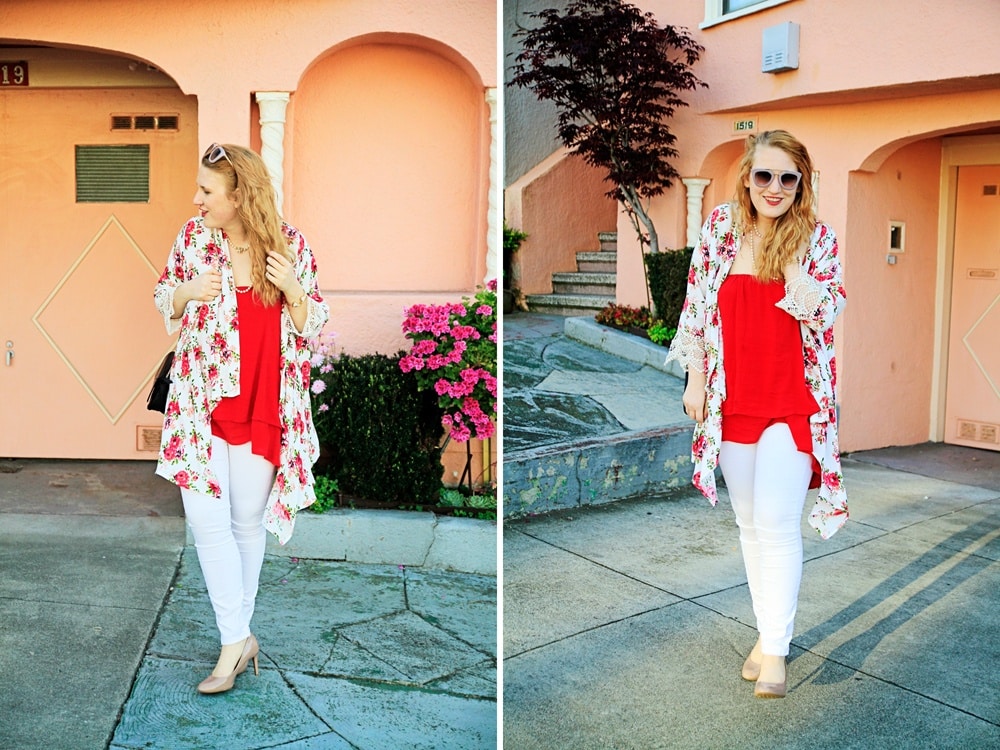Floral Kimono and Red Swing Top - Whimsy Soul