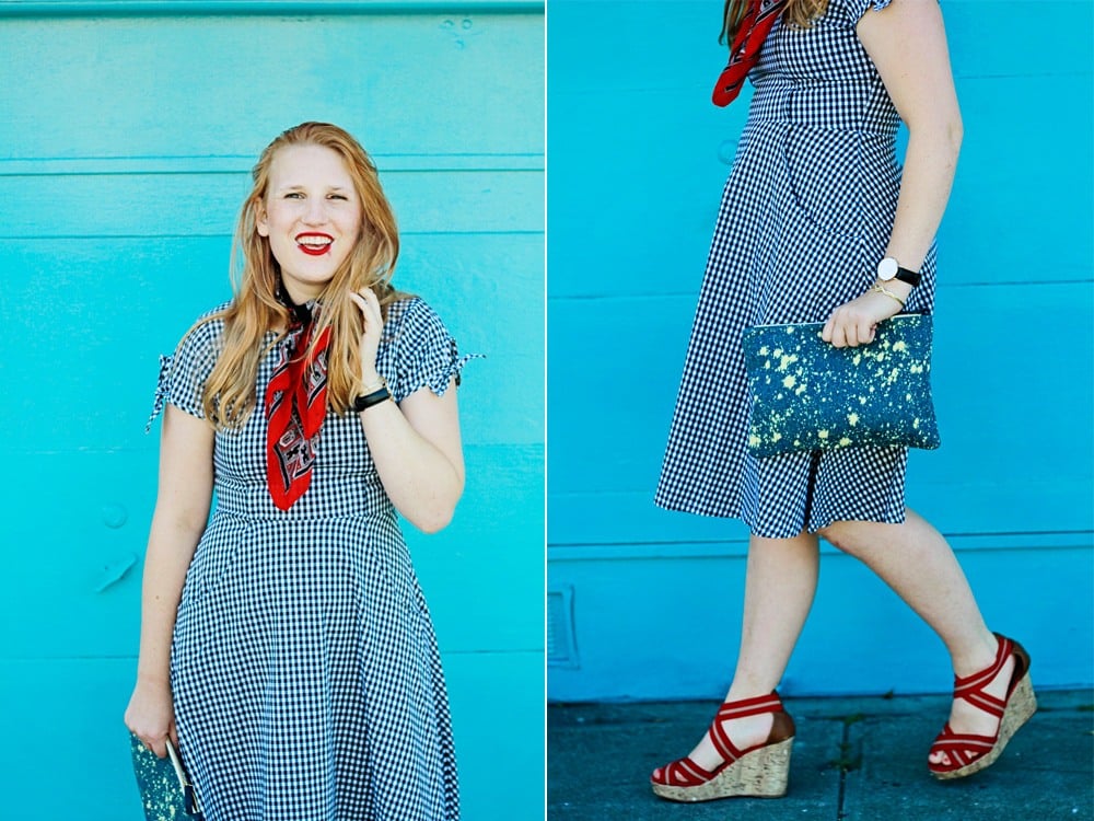 shabby apple dress and Claire V denim clutch