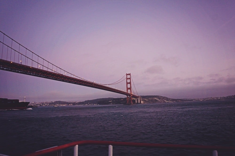 golden gate bridge in purple sunset