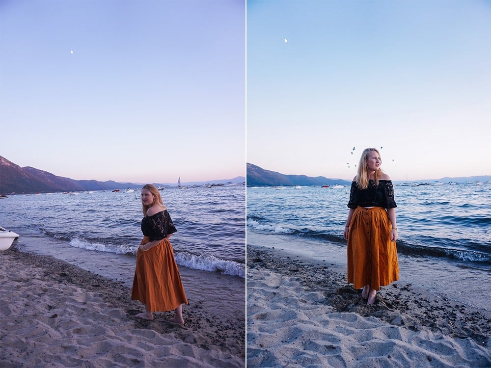 Hyatt Regency Lake Tahoe at sunset in H&M orange midi skirt