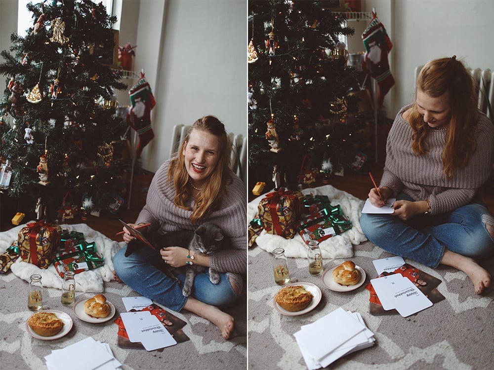 Chrismukkah holiday card with cat in sweater