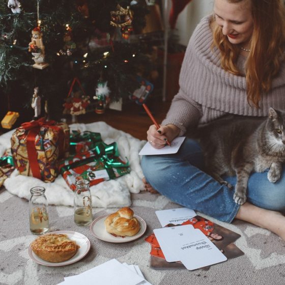 Chrismukkah holiday card with cat in sweater