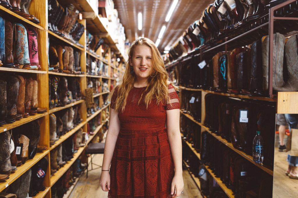 Allen's Boots in Austin, red self portrait dress