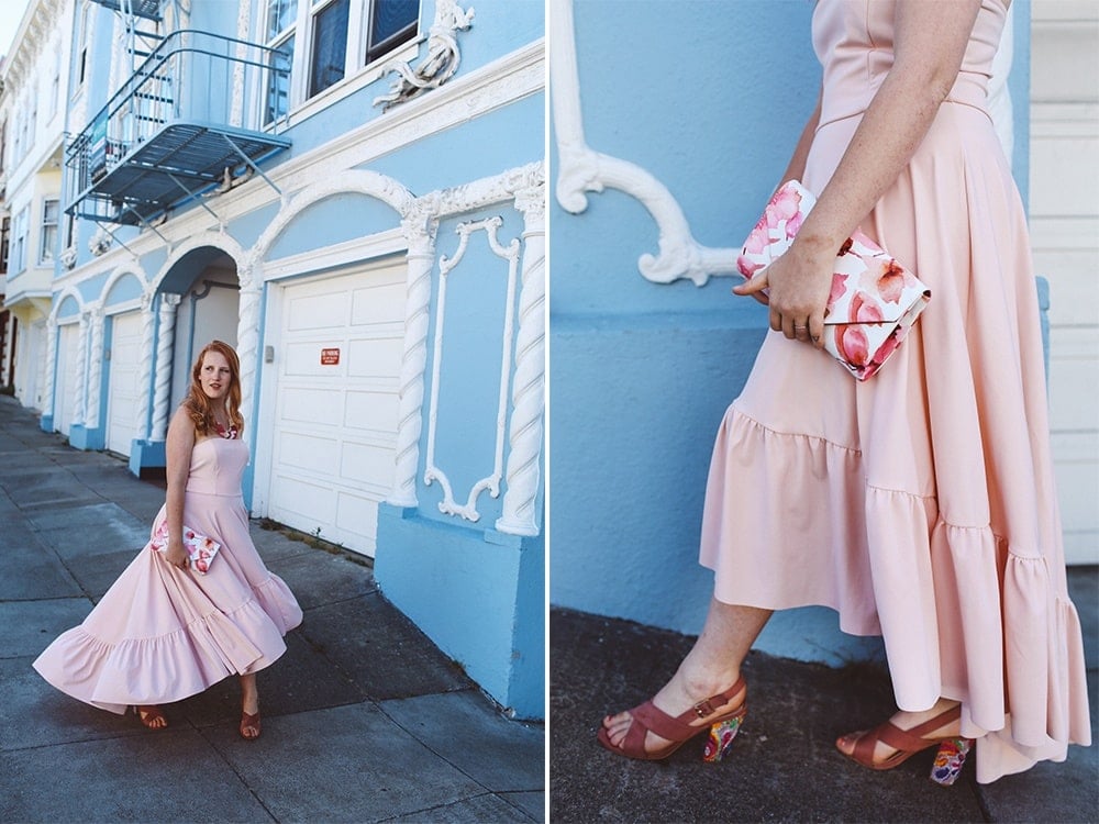 Pink Boohoo maxi ruffle dress