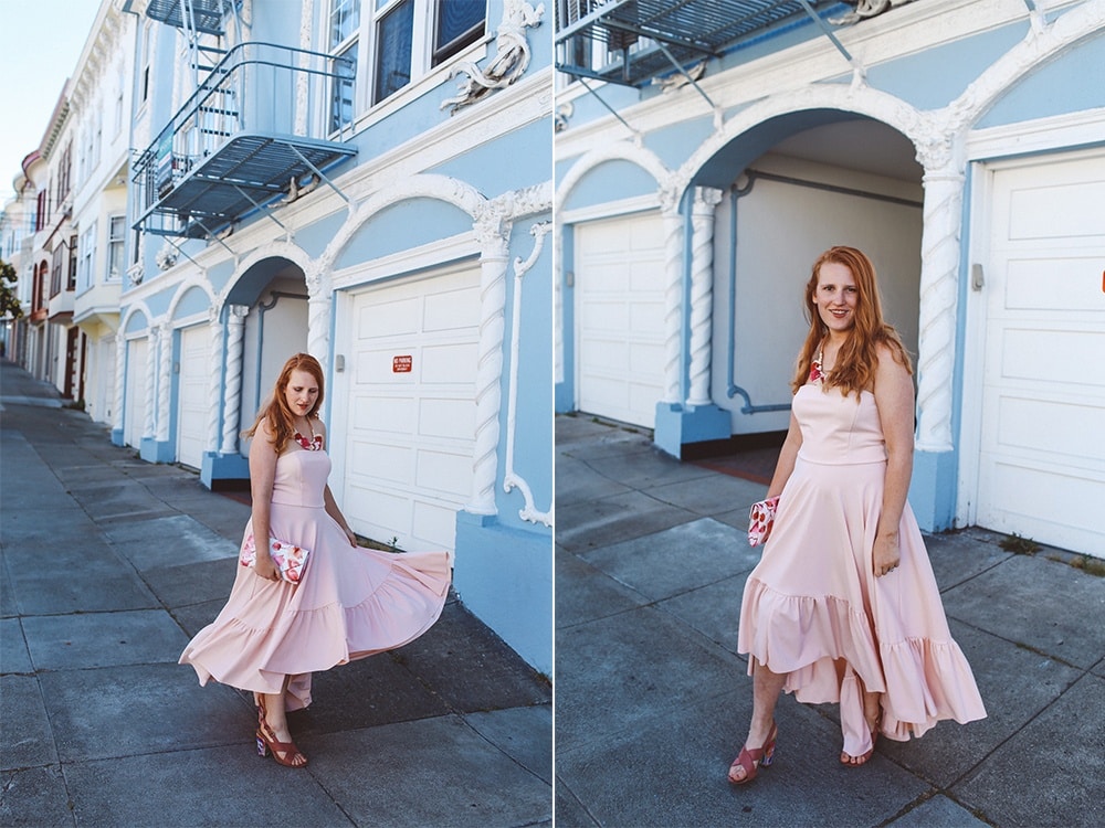 Pink Boohoo maxi ruffle dress