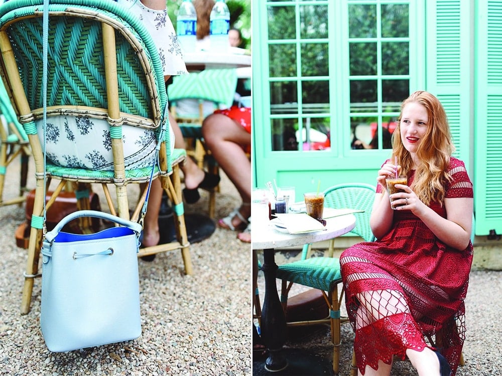 red self portrait dress, blue bucket bag