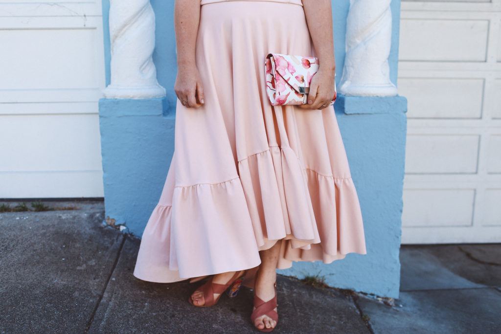 Pink Boohoo maxi ruffle dress