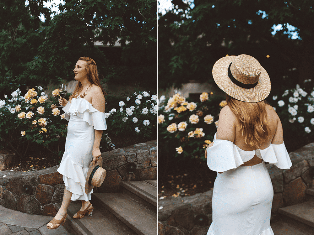 White Dress with open back and ruffles. Straw boat hat