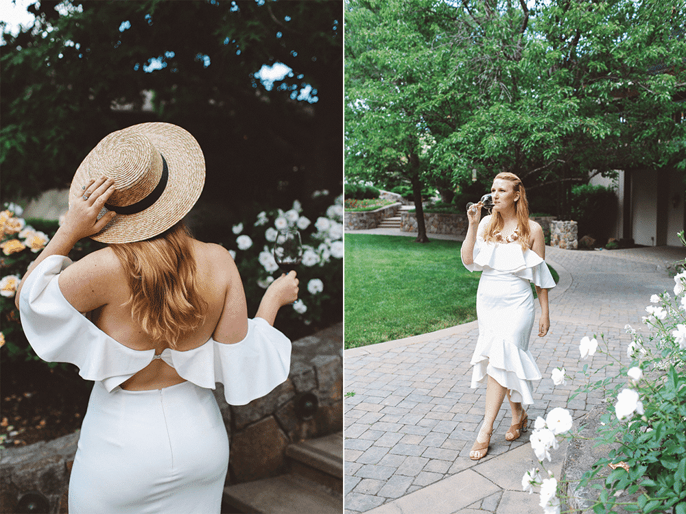 White Dress with open back and ruffles. Straw boat hat