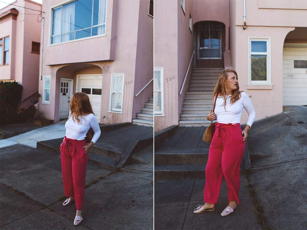 Pink paper bag pants asos, North Beach San Francisco