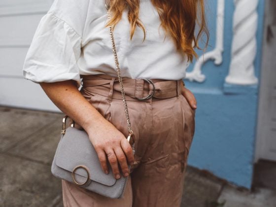 blush wide leg pants grey purse white bell sleeve blouse