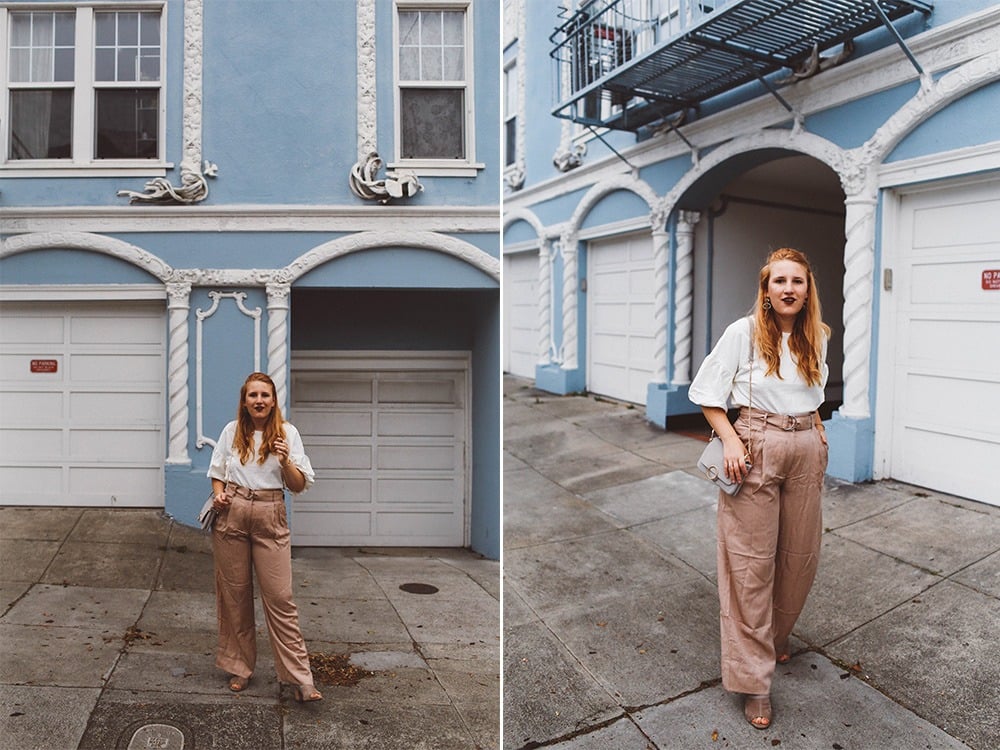 blush wide leg pants grey purse white bell sleeve blouse