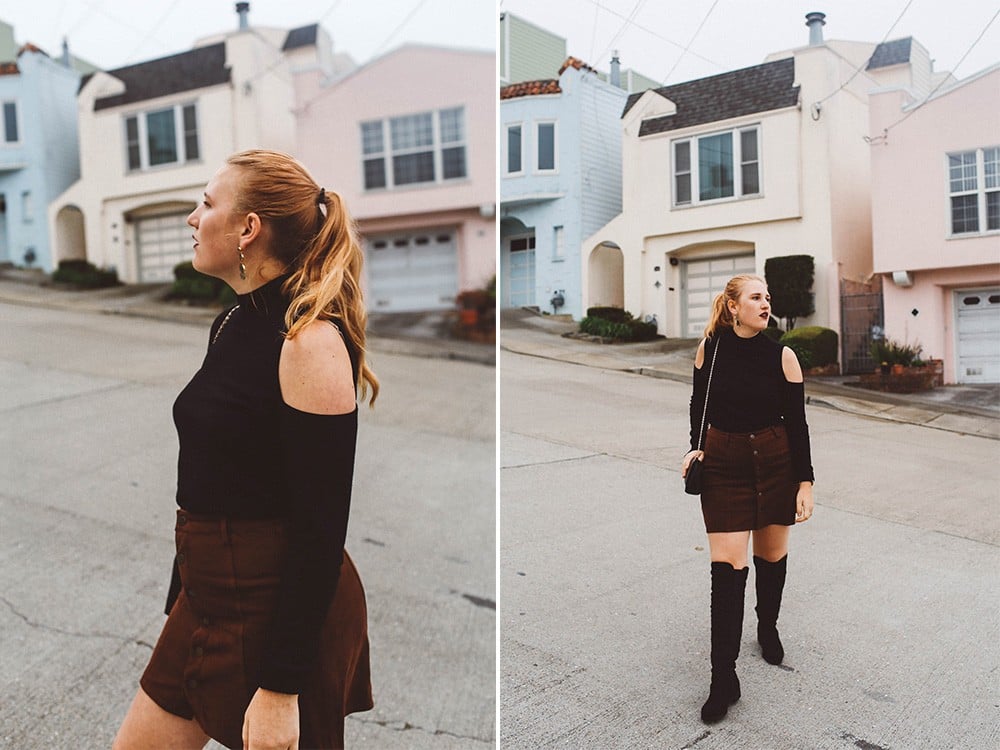 black over the knee boots button up skirt san francisco