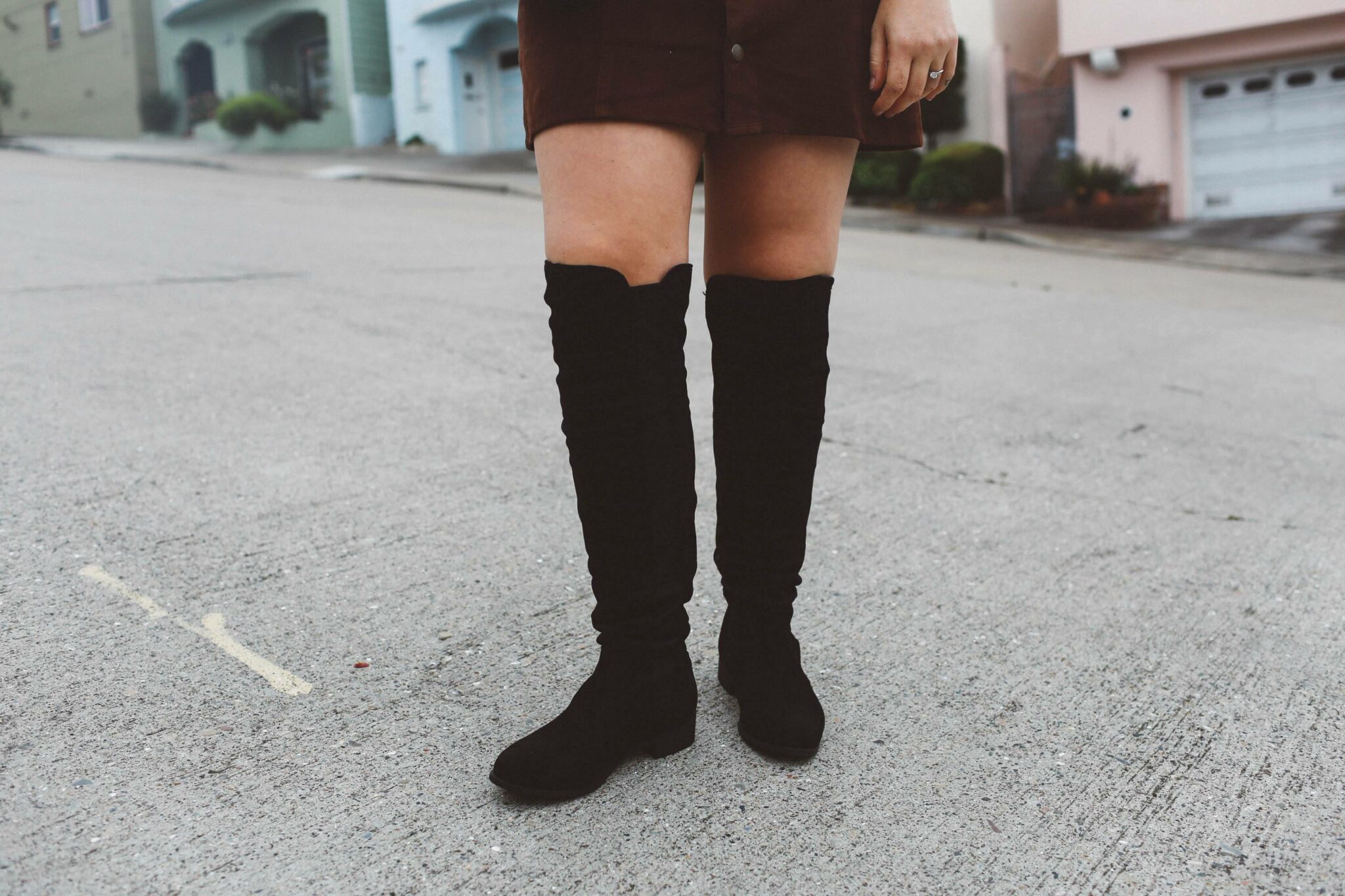 black over the knee boots button up skirt san francisco