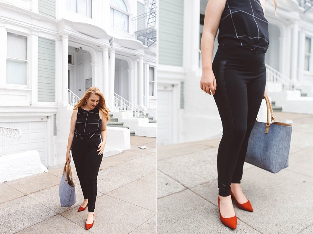 black leggings red heels