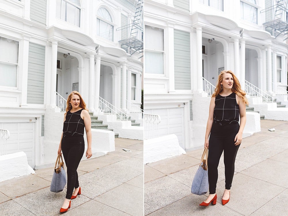 black leggings red heels