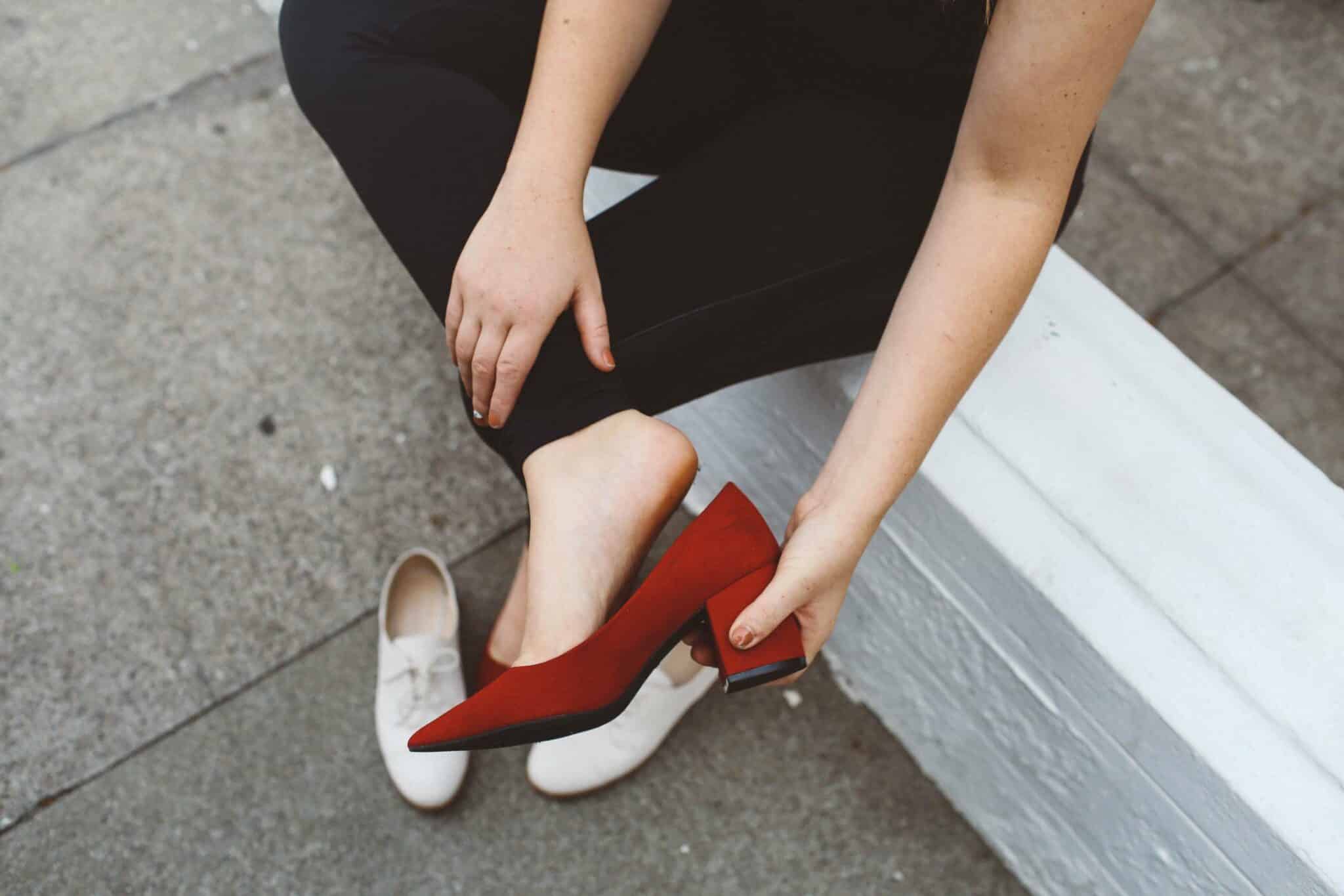 black leggings red heels