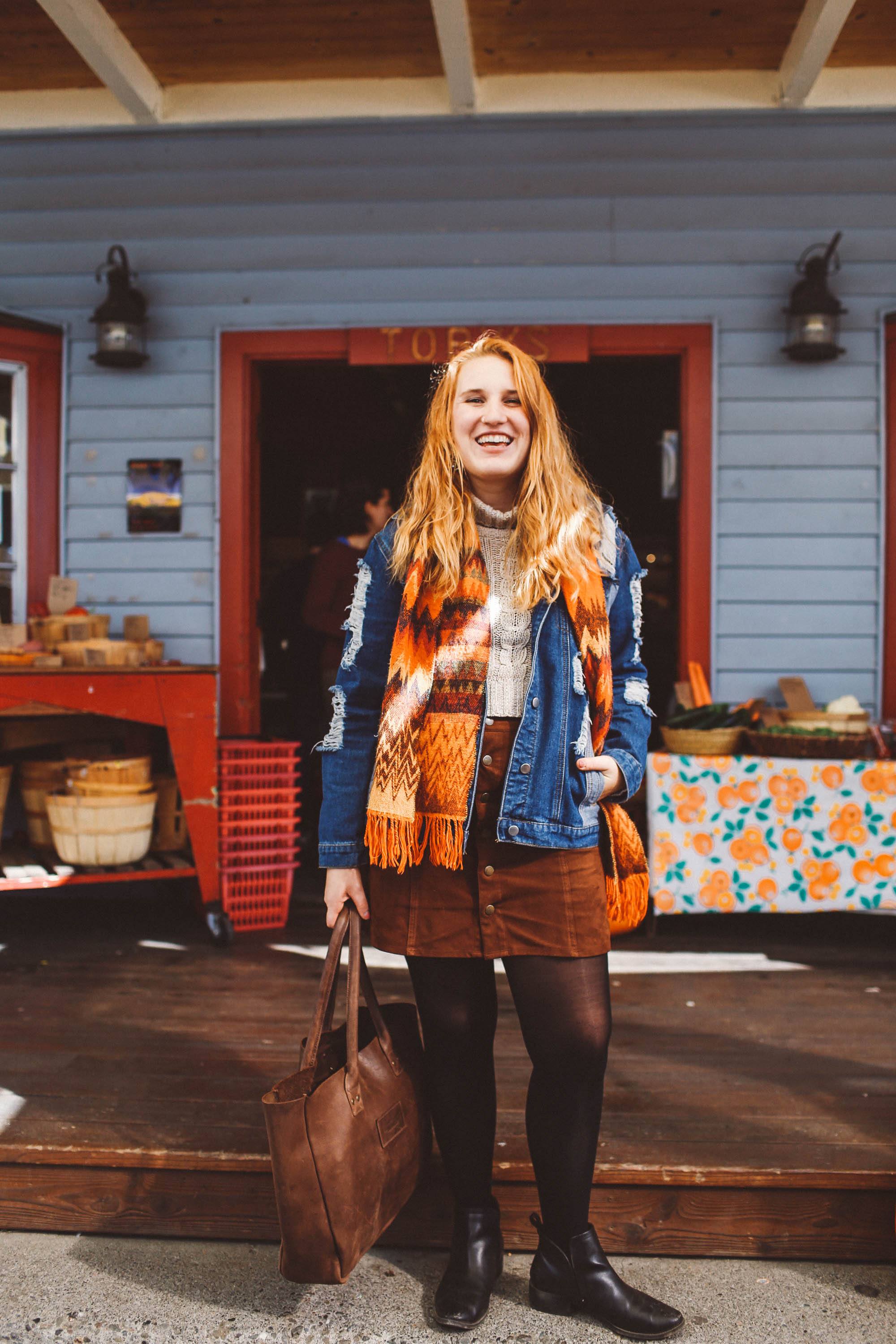 Woman orange scarf denim jacket