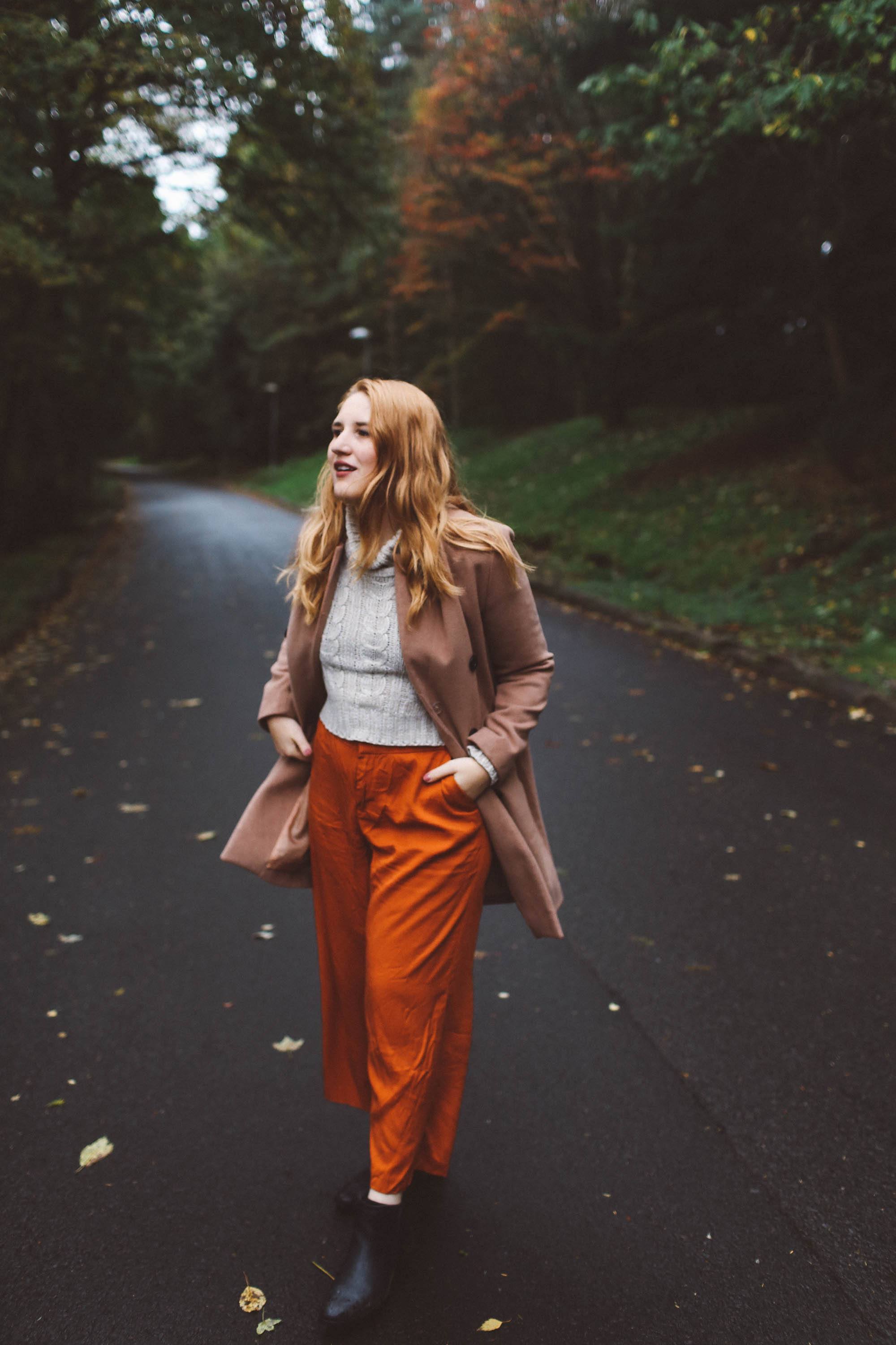 woman camel coat orange pants scotland outfit