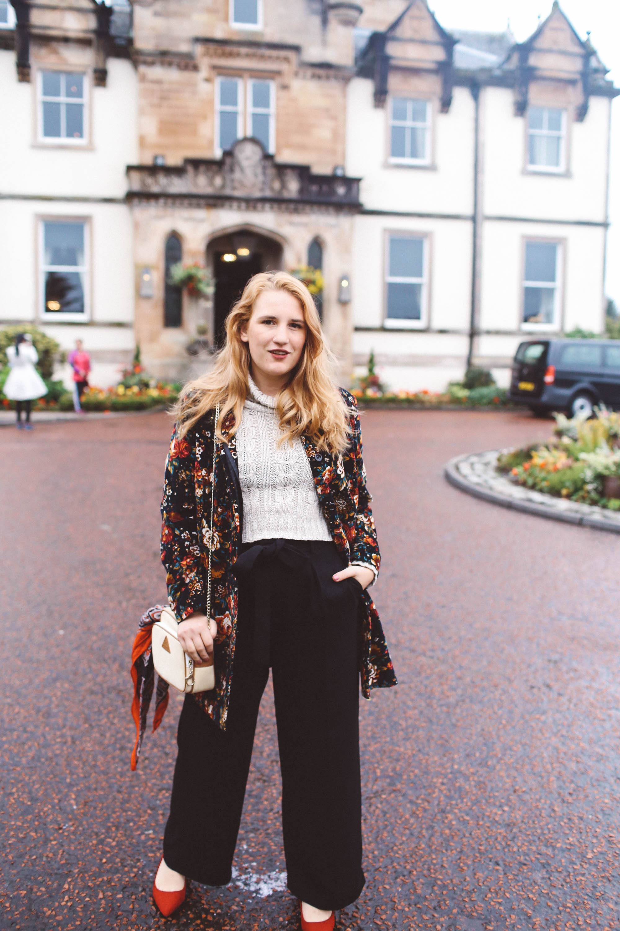 floral coat cable knit sweater red shoes cameron house