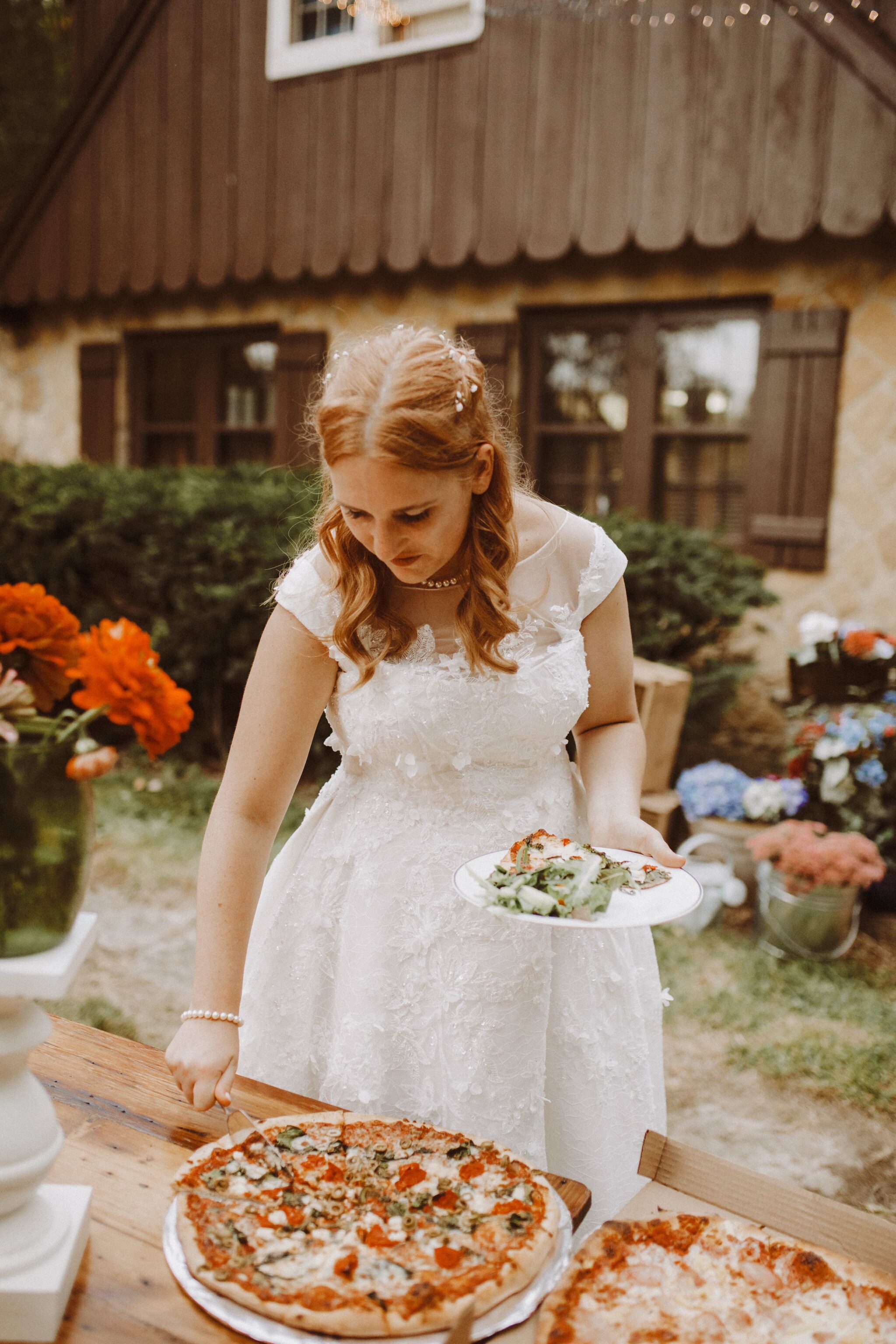 wedding bride pizza outdoor