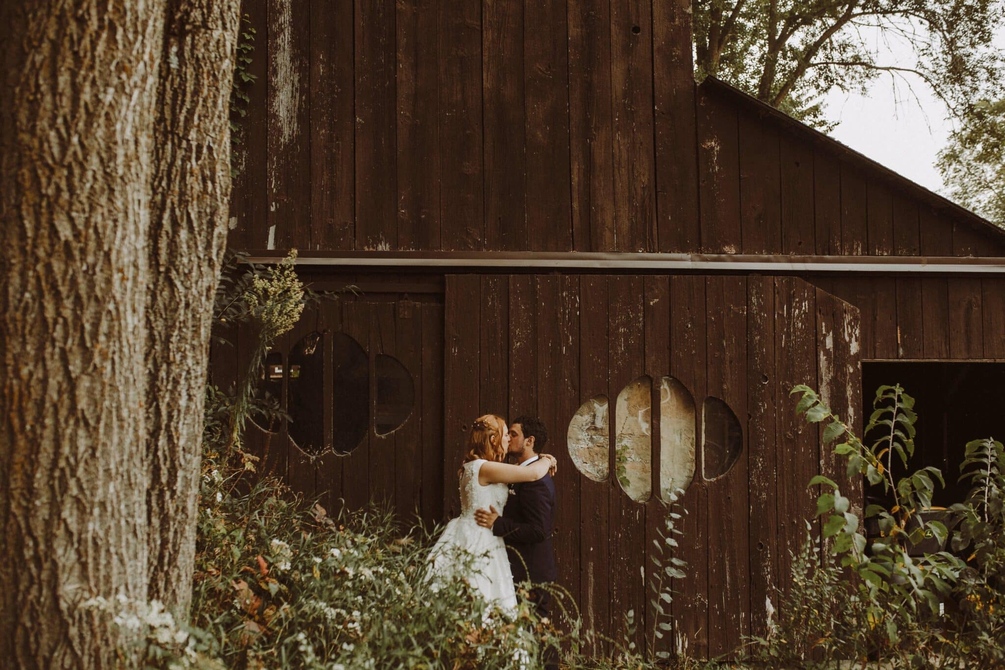 wedding bride groom portrait barn boho