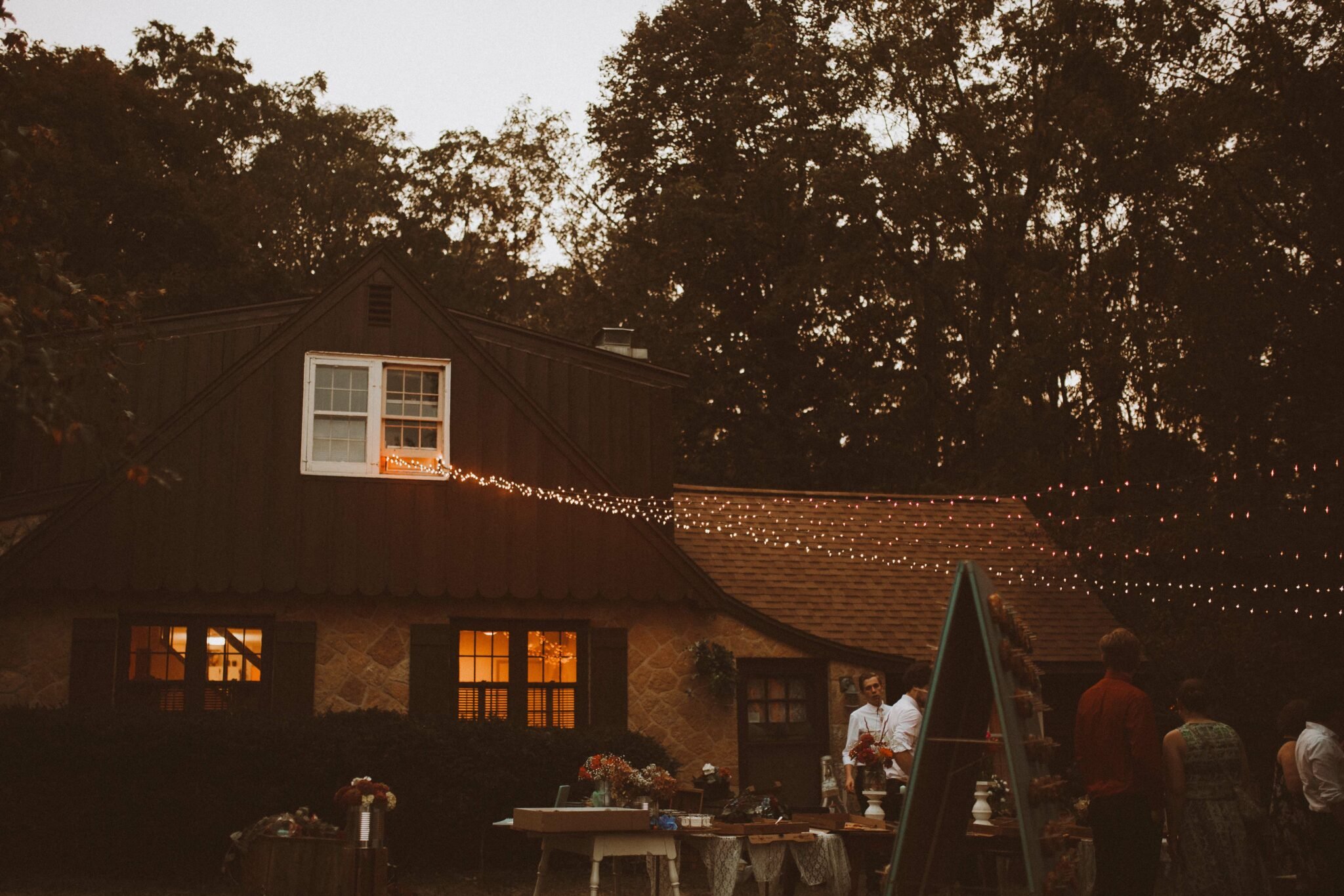 wedding backyard string lights woods