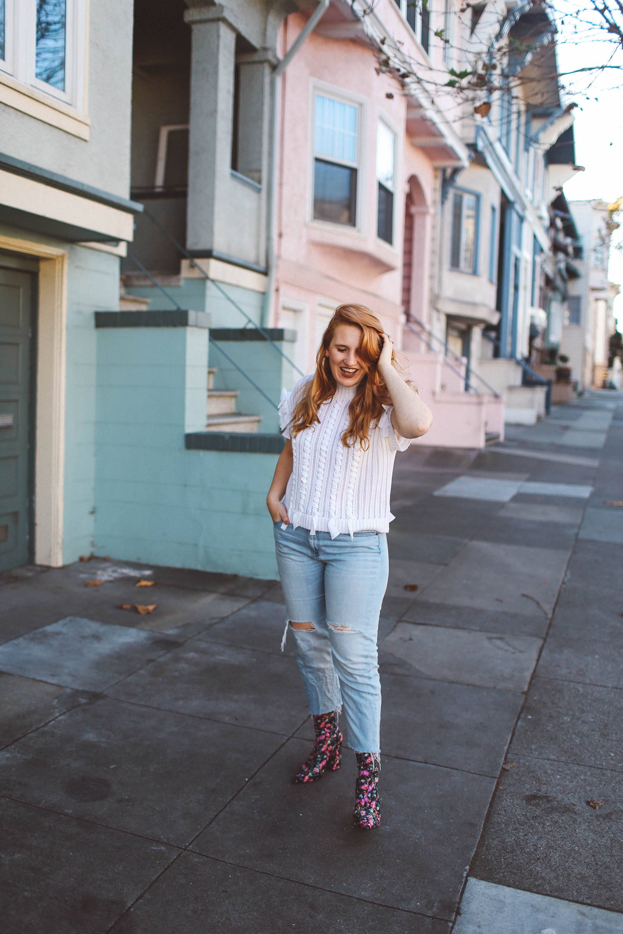 floral sock boots white sweater