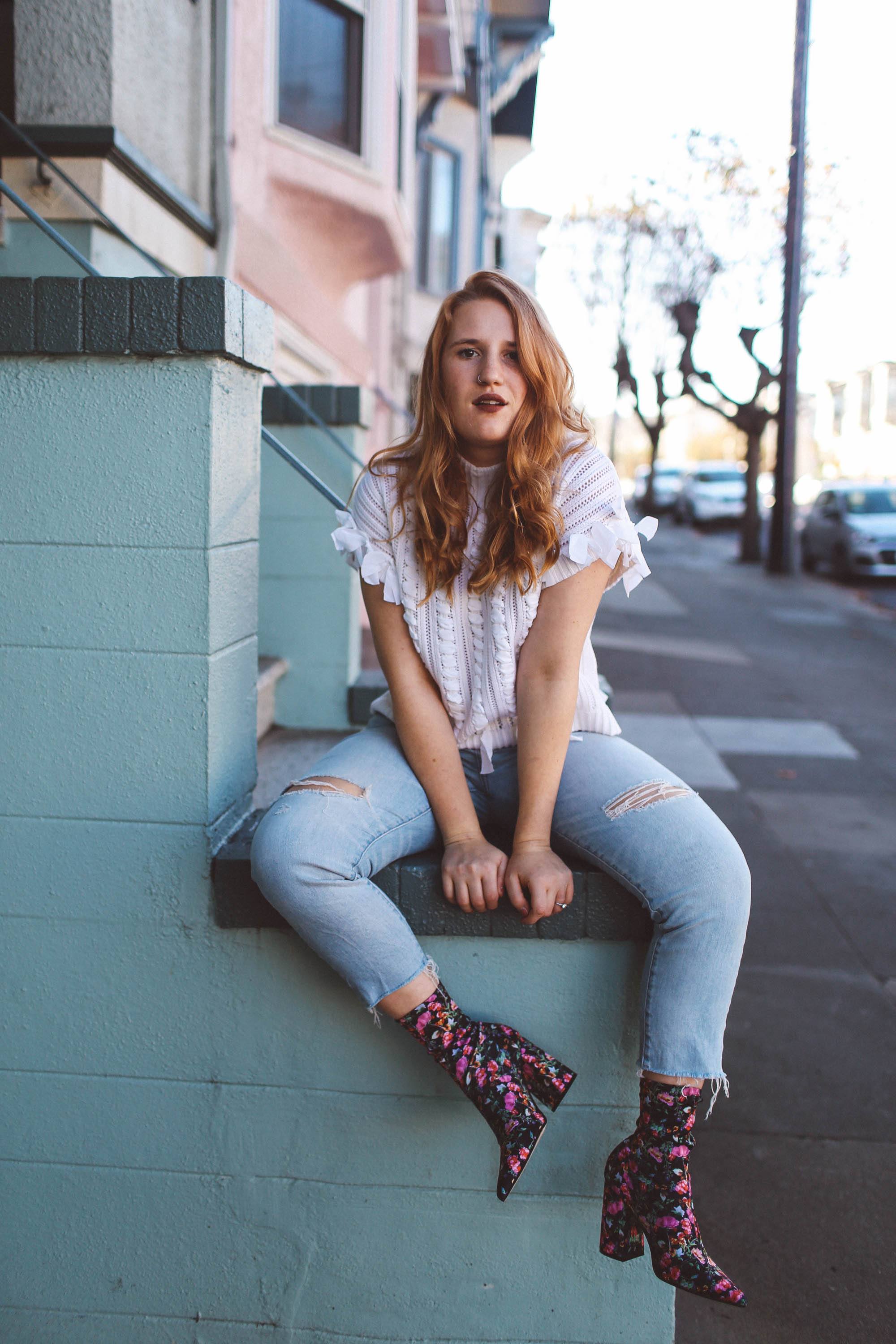 floral sock boots white sweater