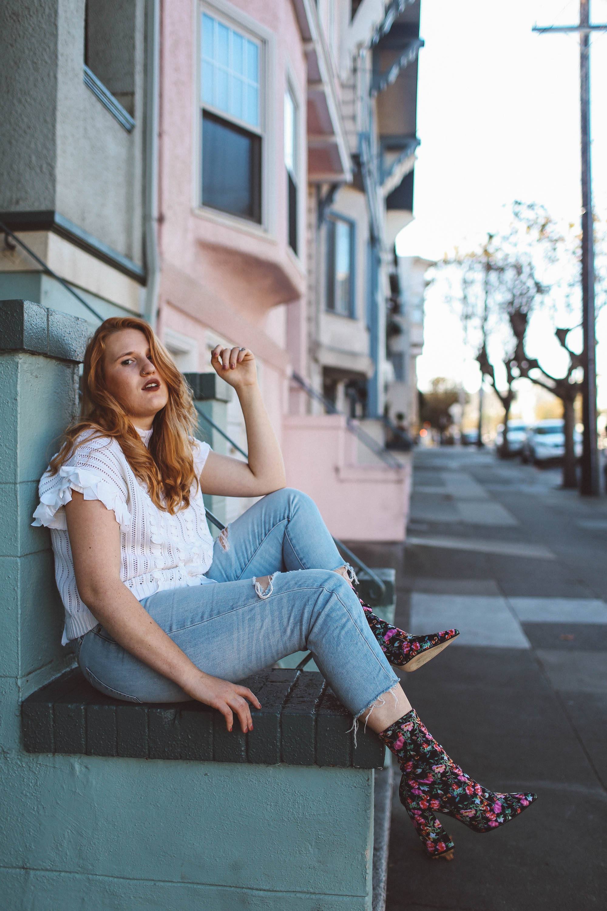 floral sock boots white sweater