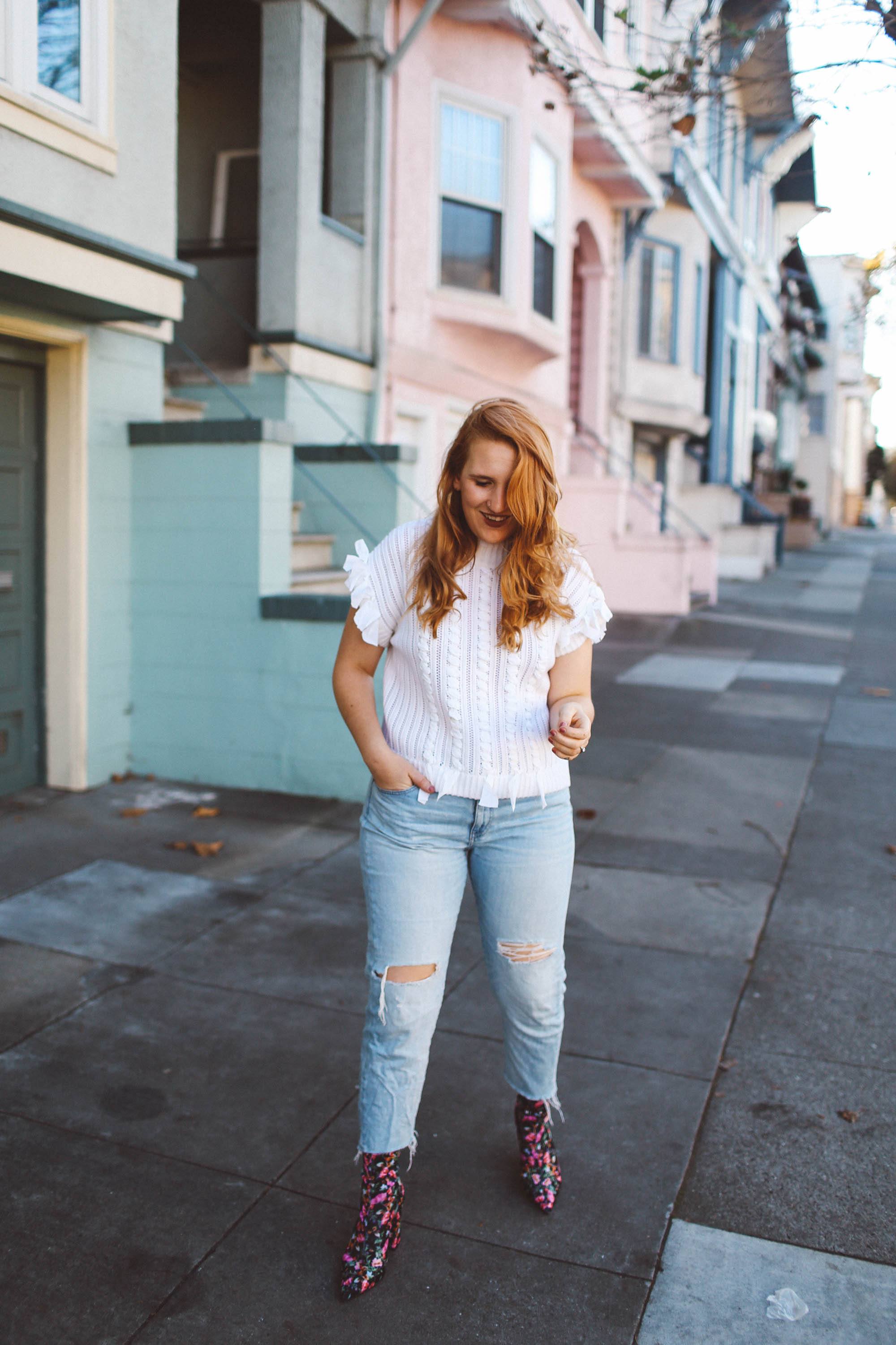 floral sock boots white sweater