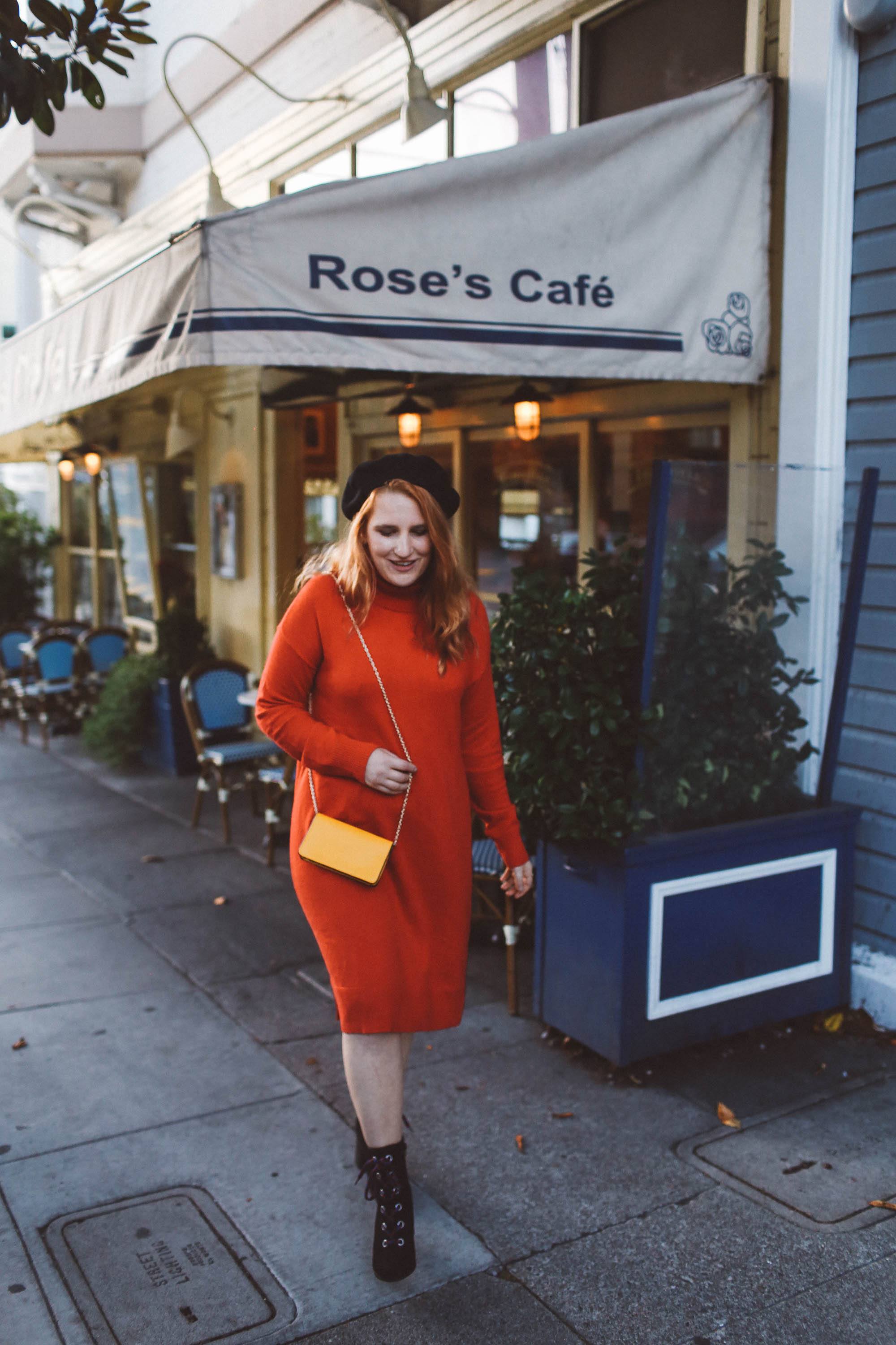 red sweater dress beret rose's cafe san francisco