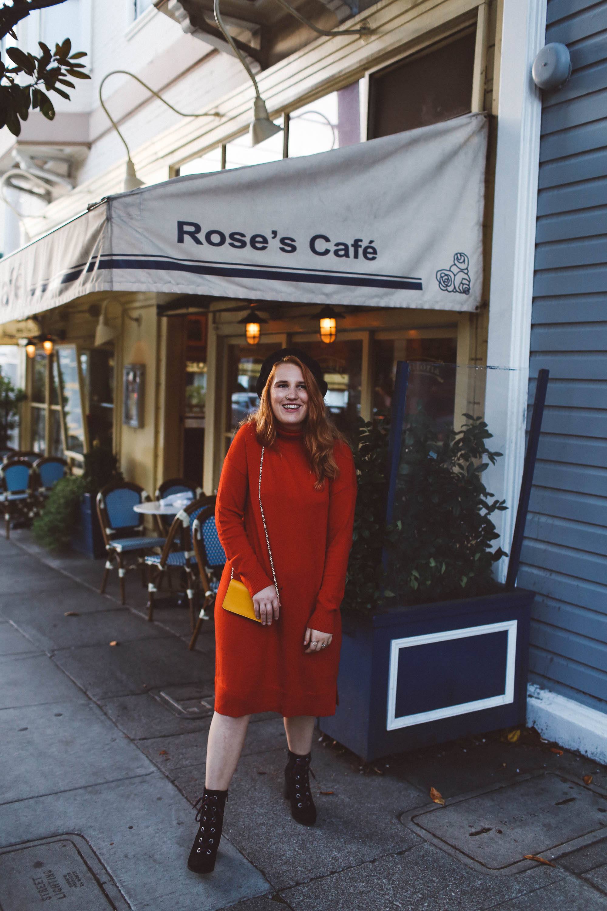red sweater dress beret rose's cafe san francisco