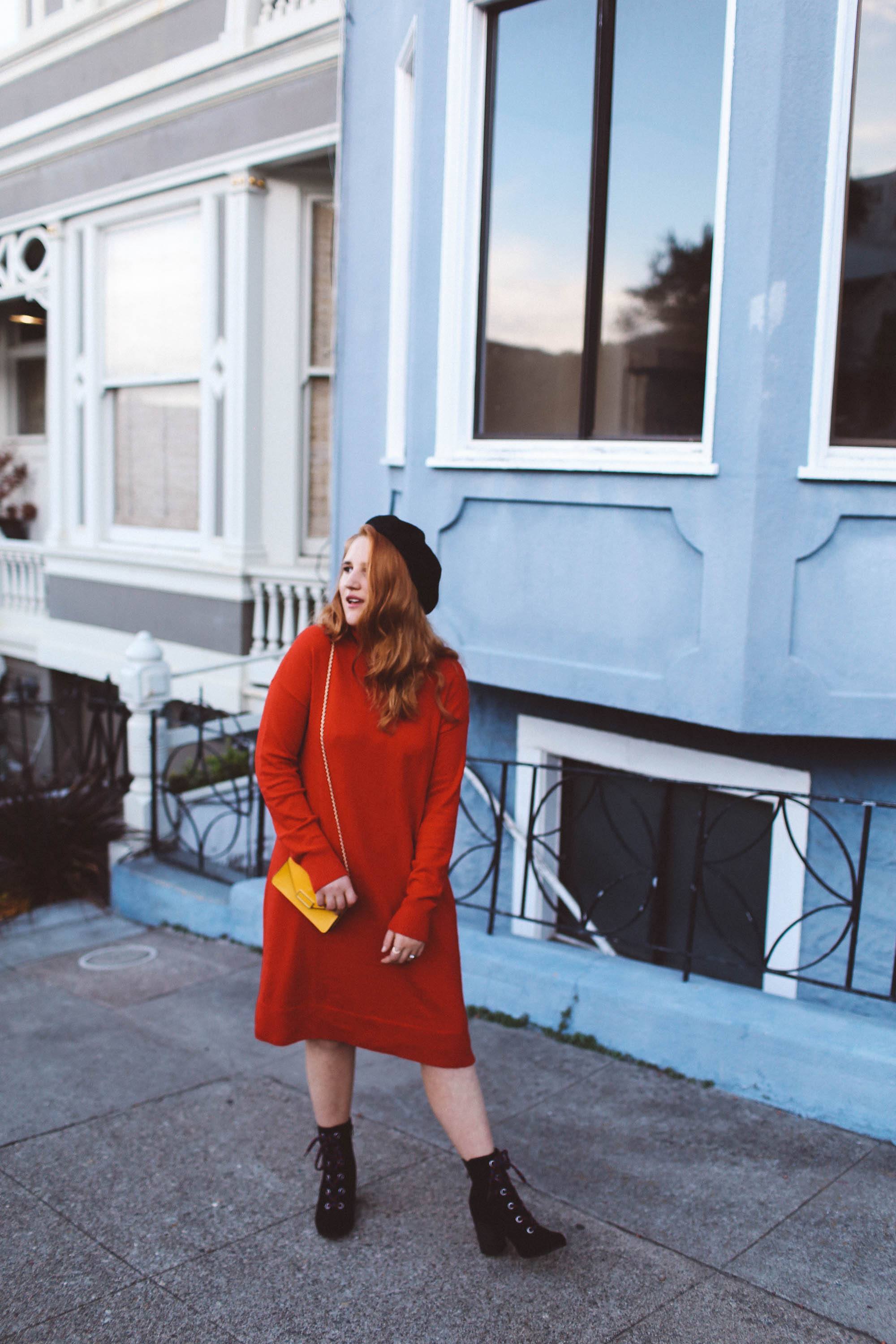 red sweater dress beret yellow purse combat boots