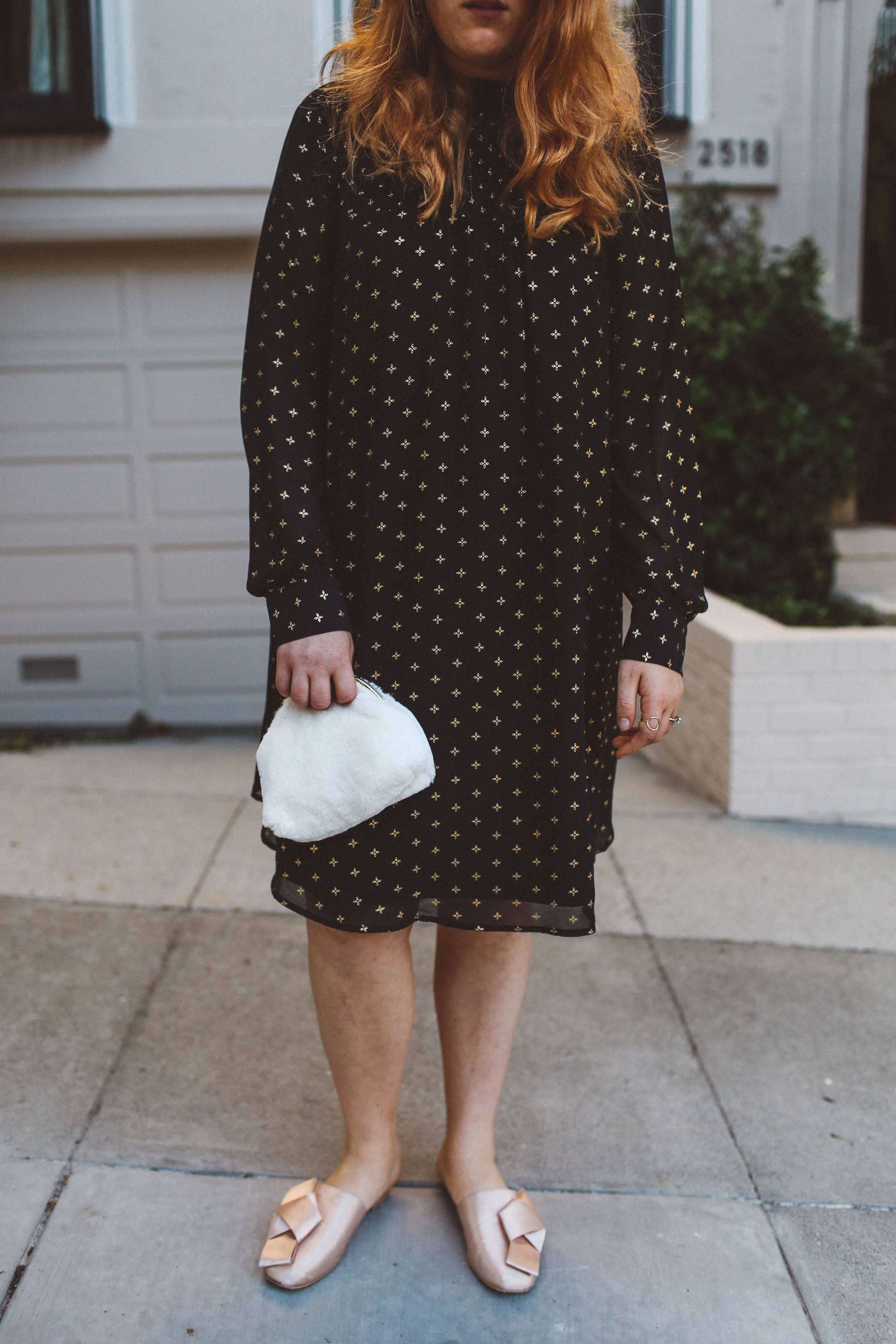 black dress gold stars white fur purse bow mules sale