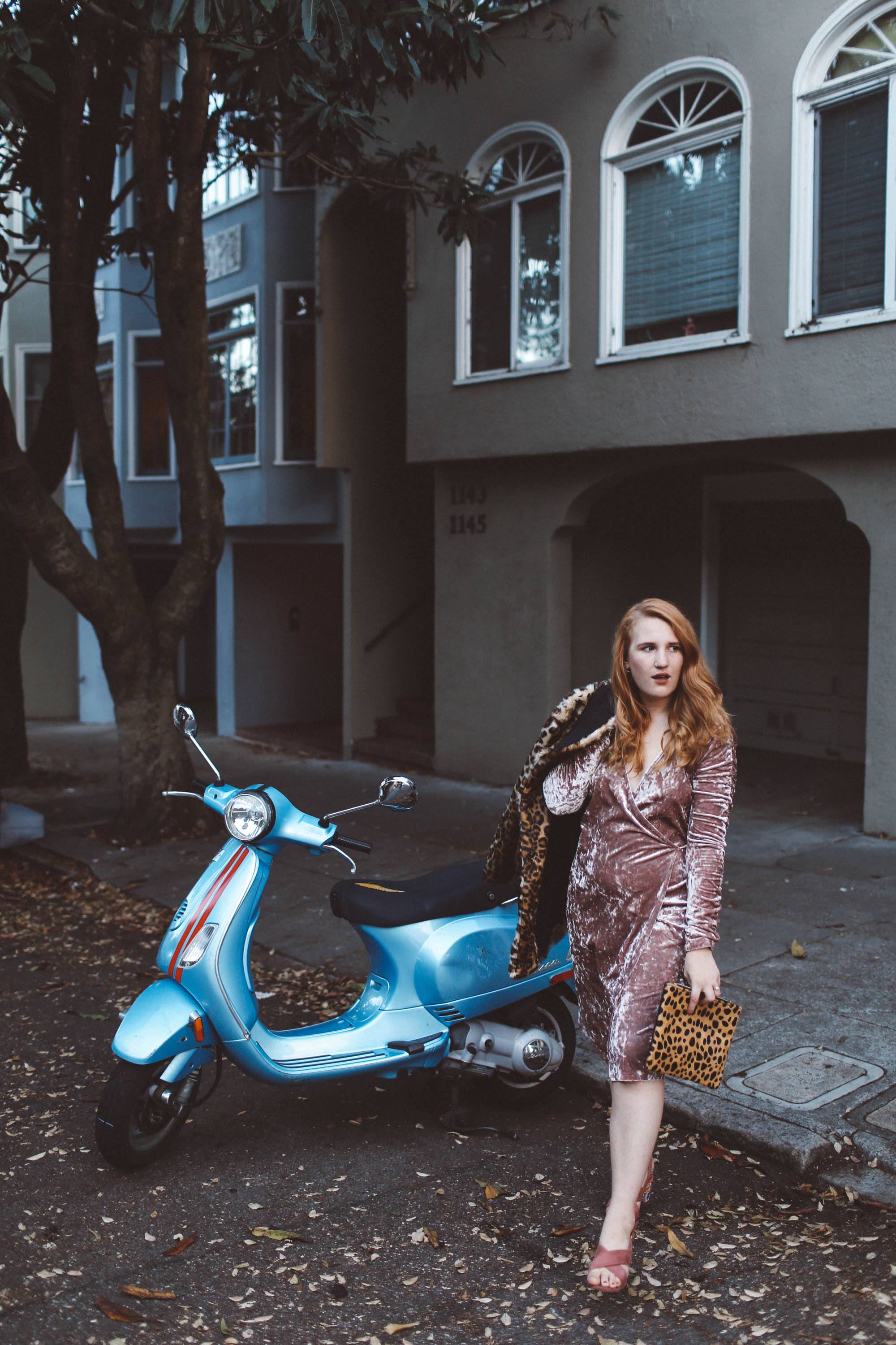 pink velvet dress leopard coat moped