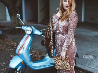 pink velvet dress leopard coat moped