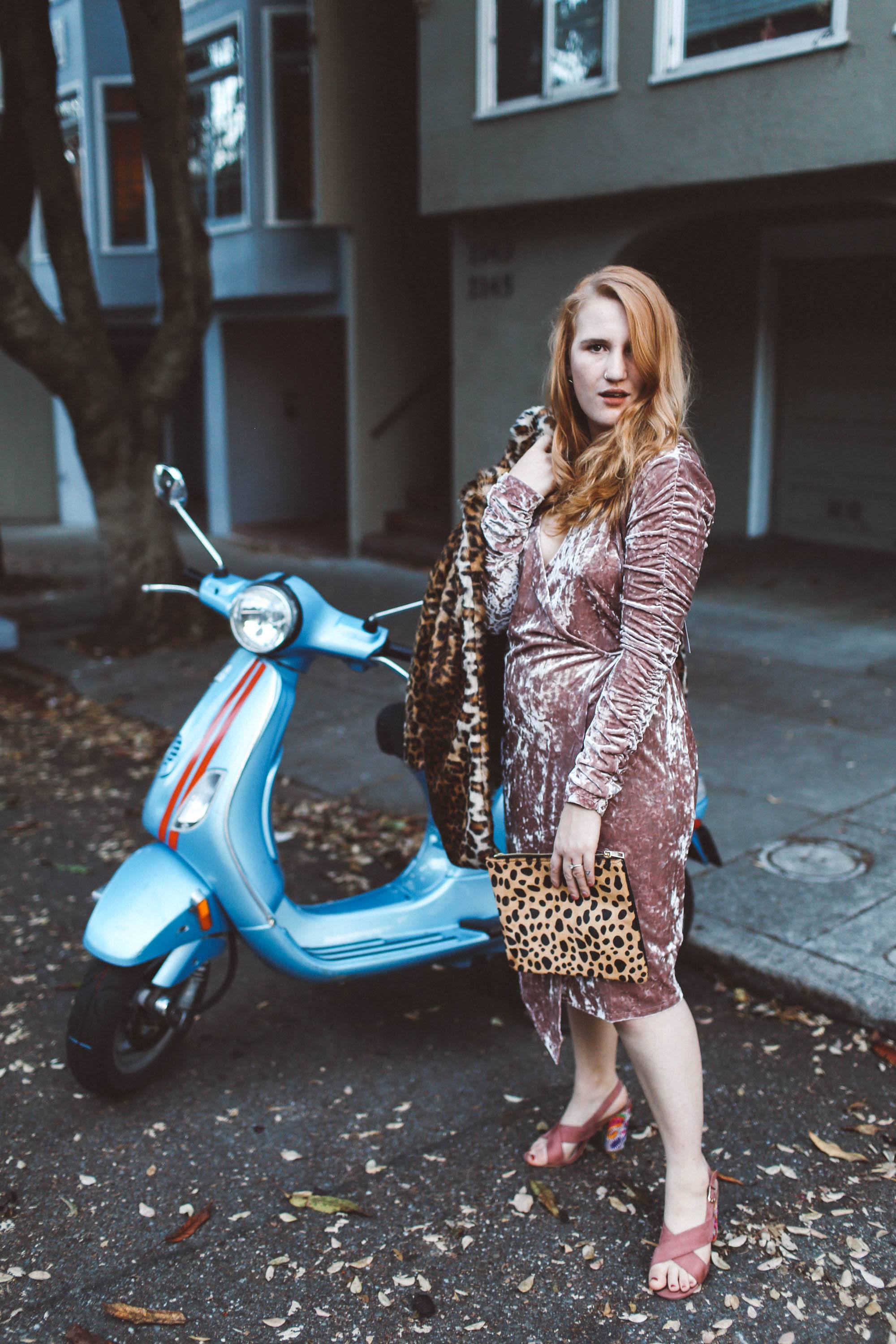 pink velvet dress leopard coat moped