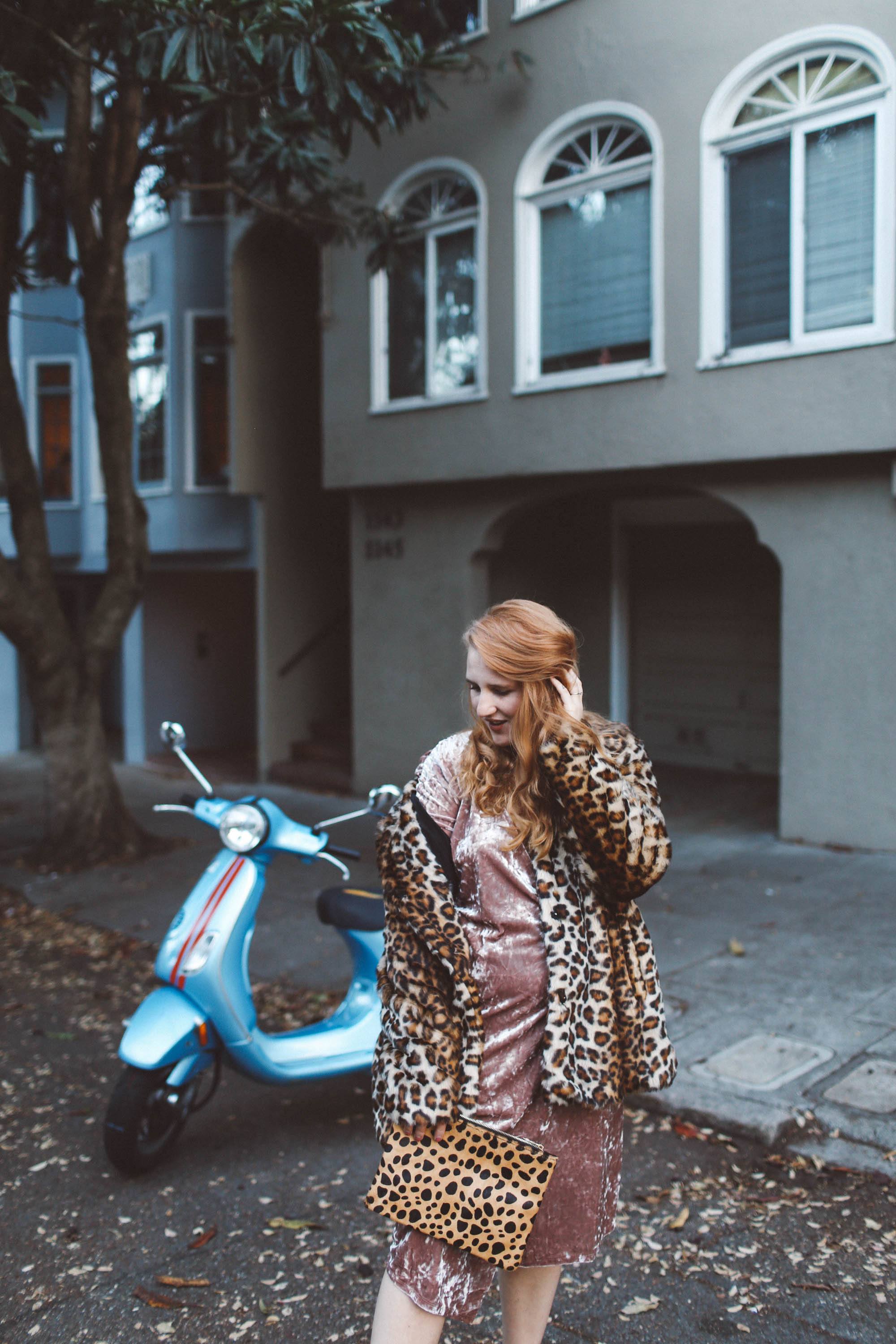 pink velvet dress leopard coat moped