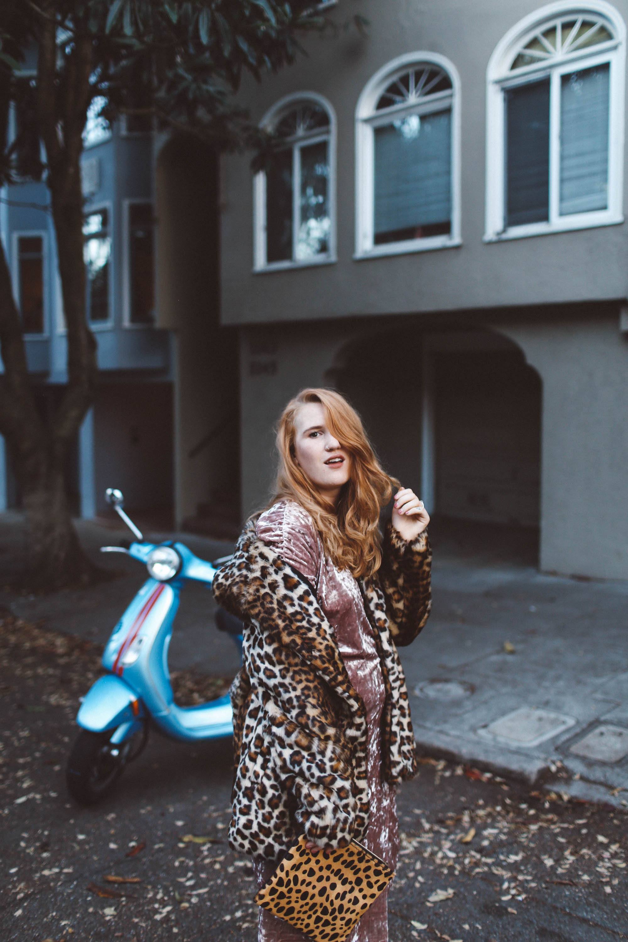 pink velvet dress leopard coat moped