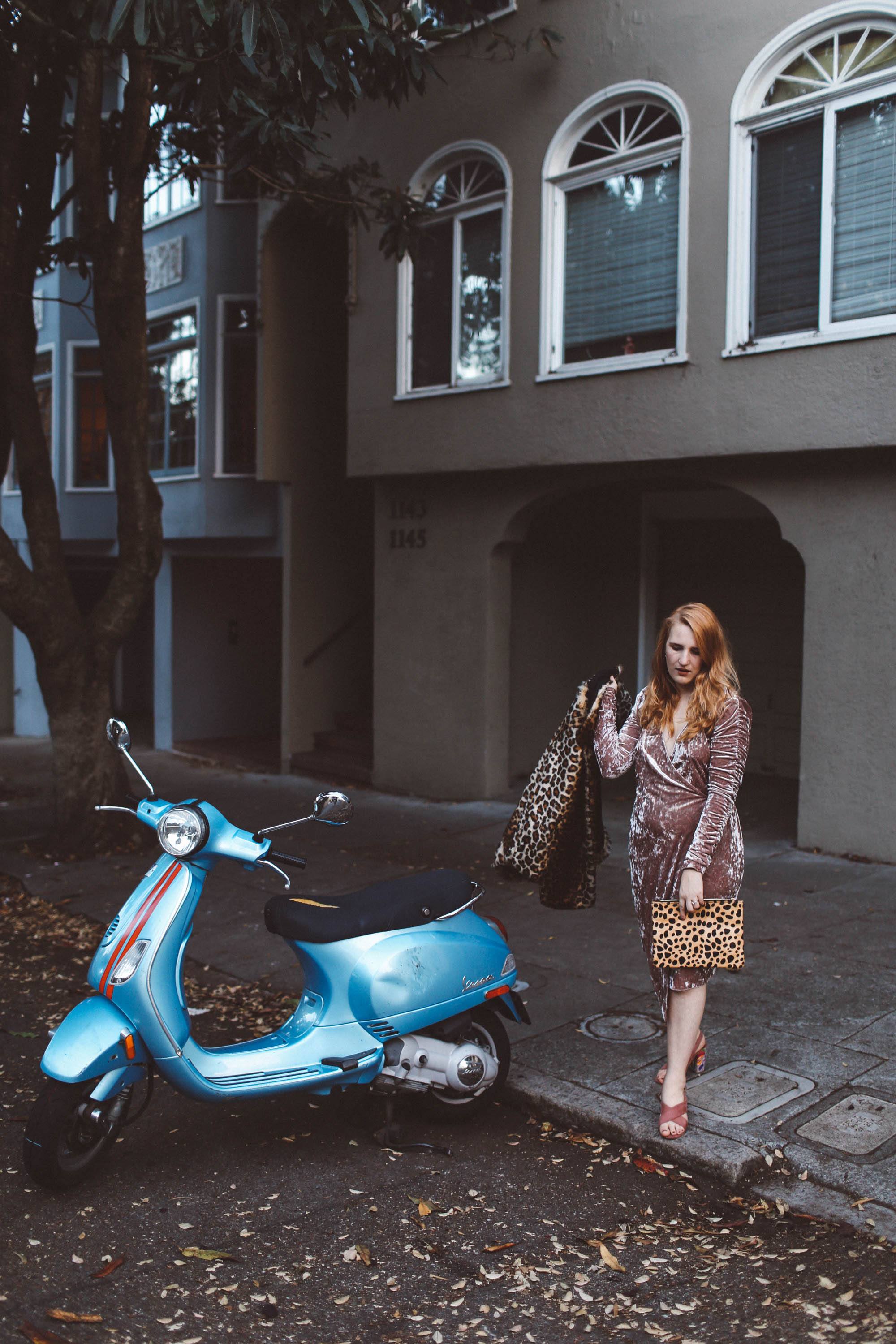 pink velvet dress leopard coat blue moped