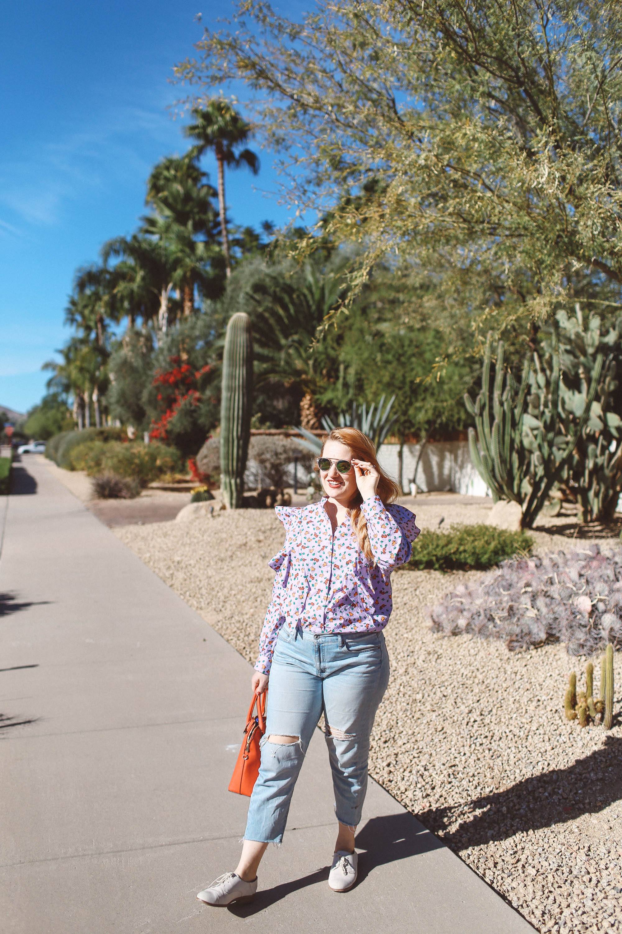 purple ruffle top pink bike palm trees