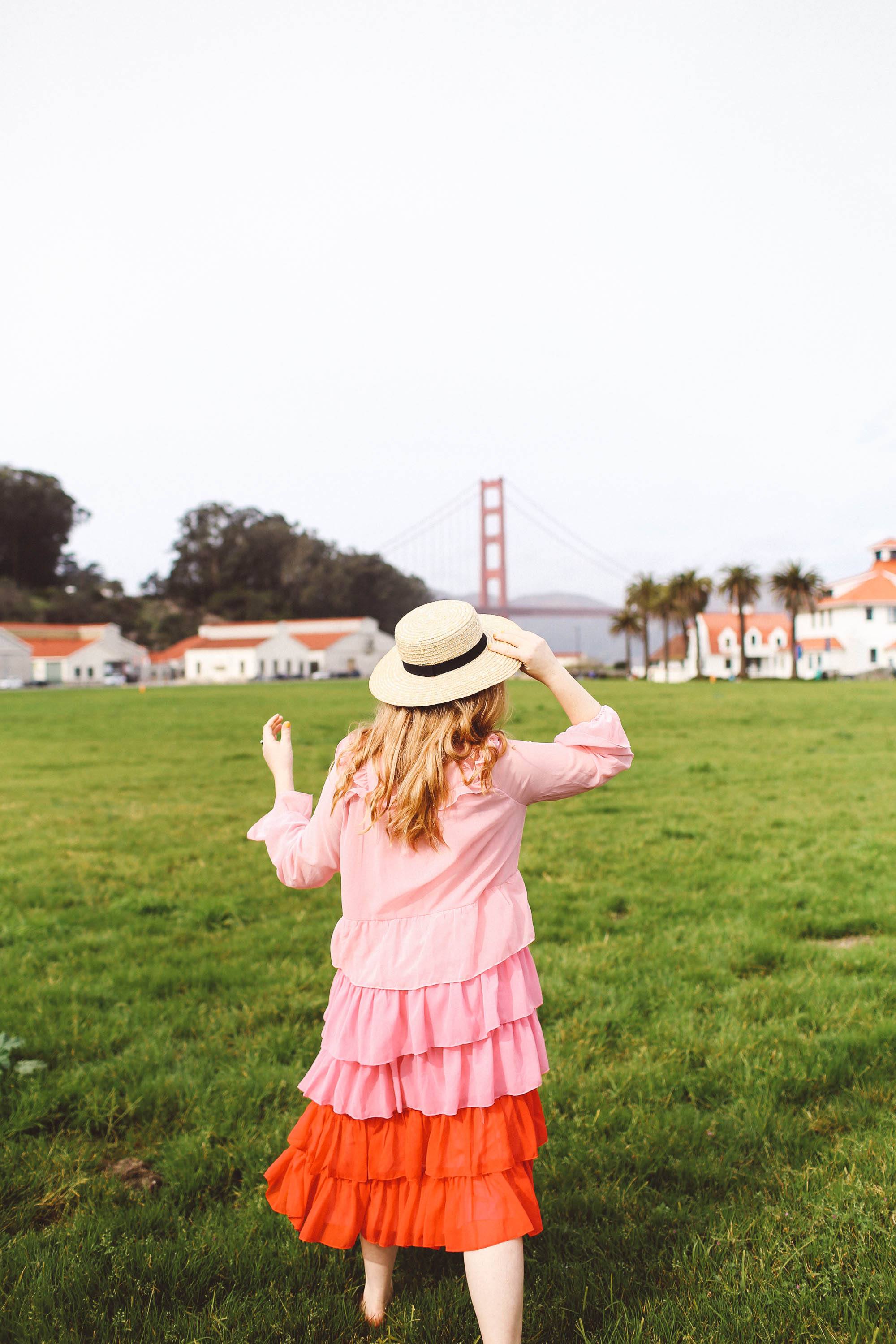 pink ruffle dress san francisco golden gate bridge