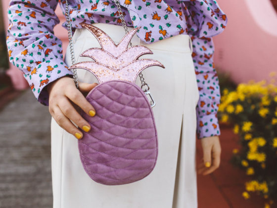 purple pineapple purse, purple ruffle shirt, pink house