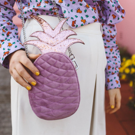 purple pineapple purse, purple ruffle shirt, pink house