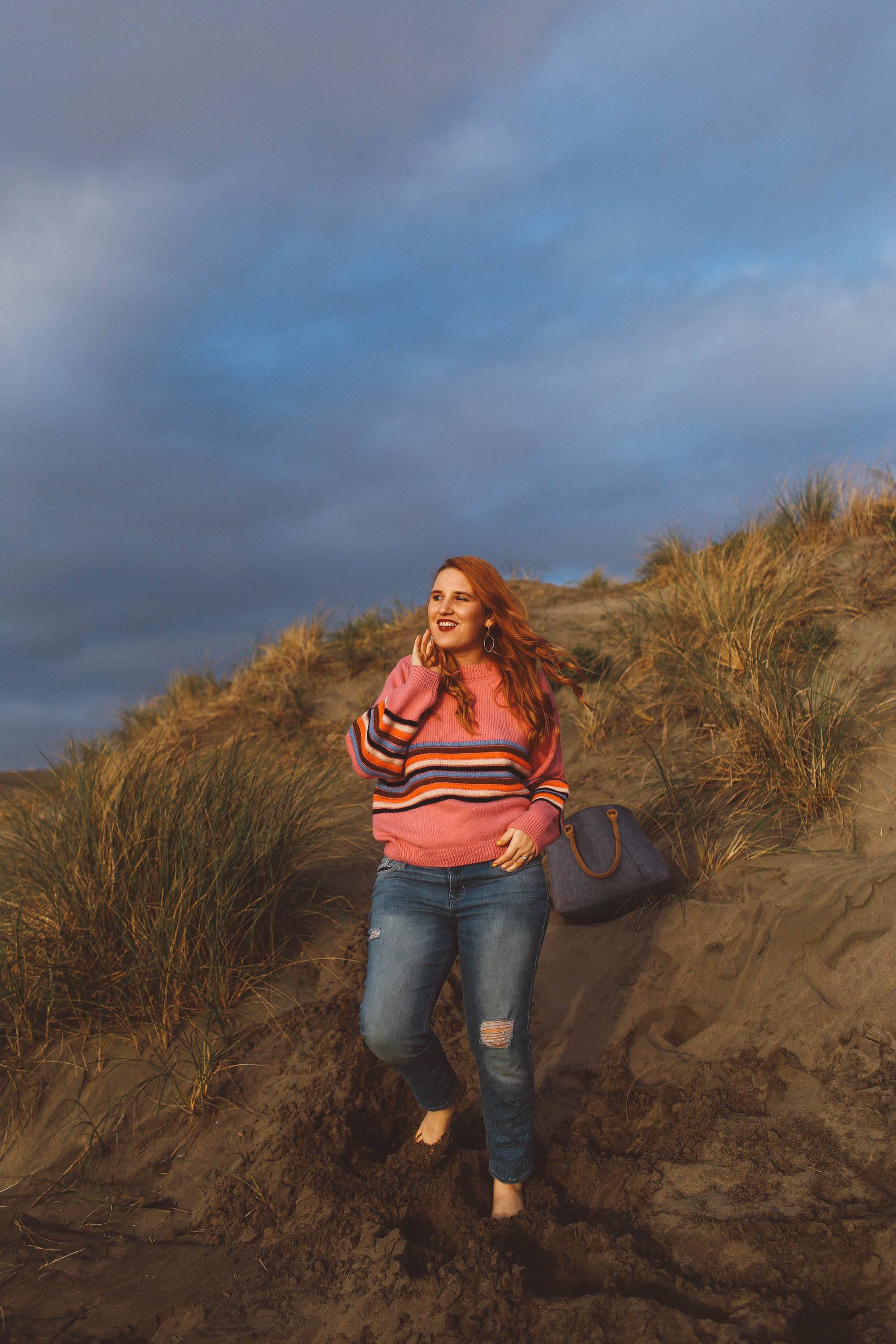 rainbow sweater womens, pink, stripe, beach