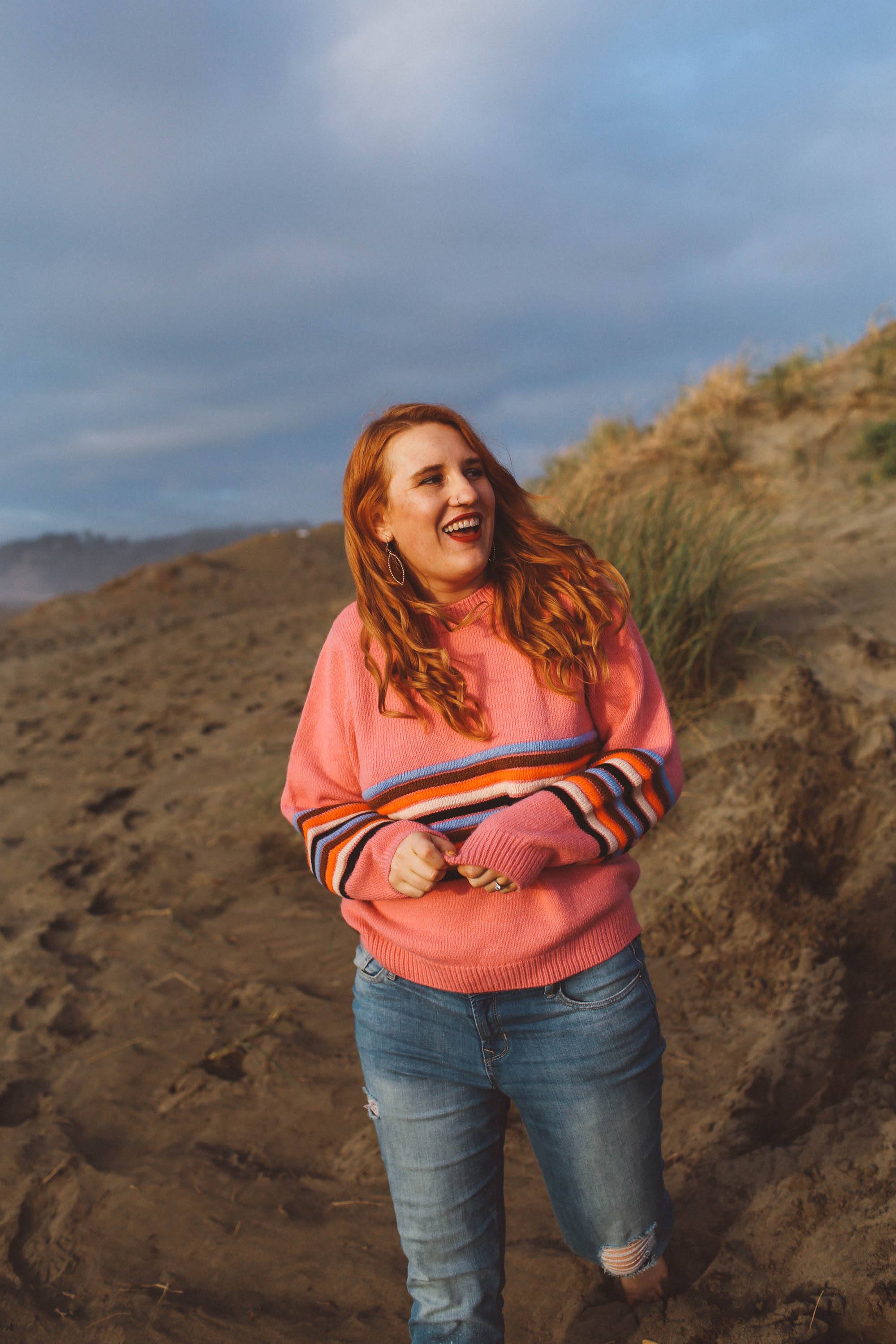 rainbow sweater womens, pink, stripe, beach