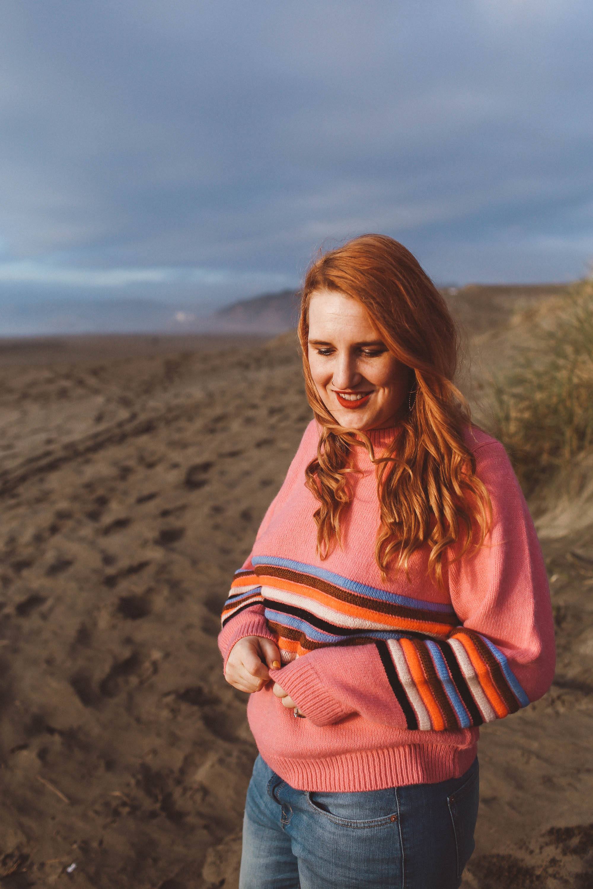 rainbow sweater womens, pink, stripe, beach