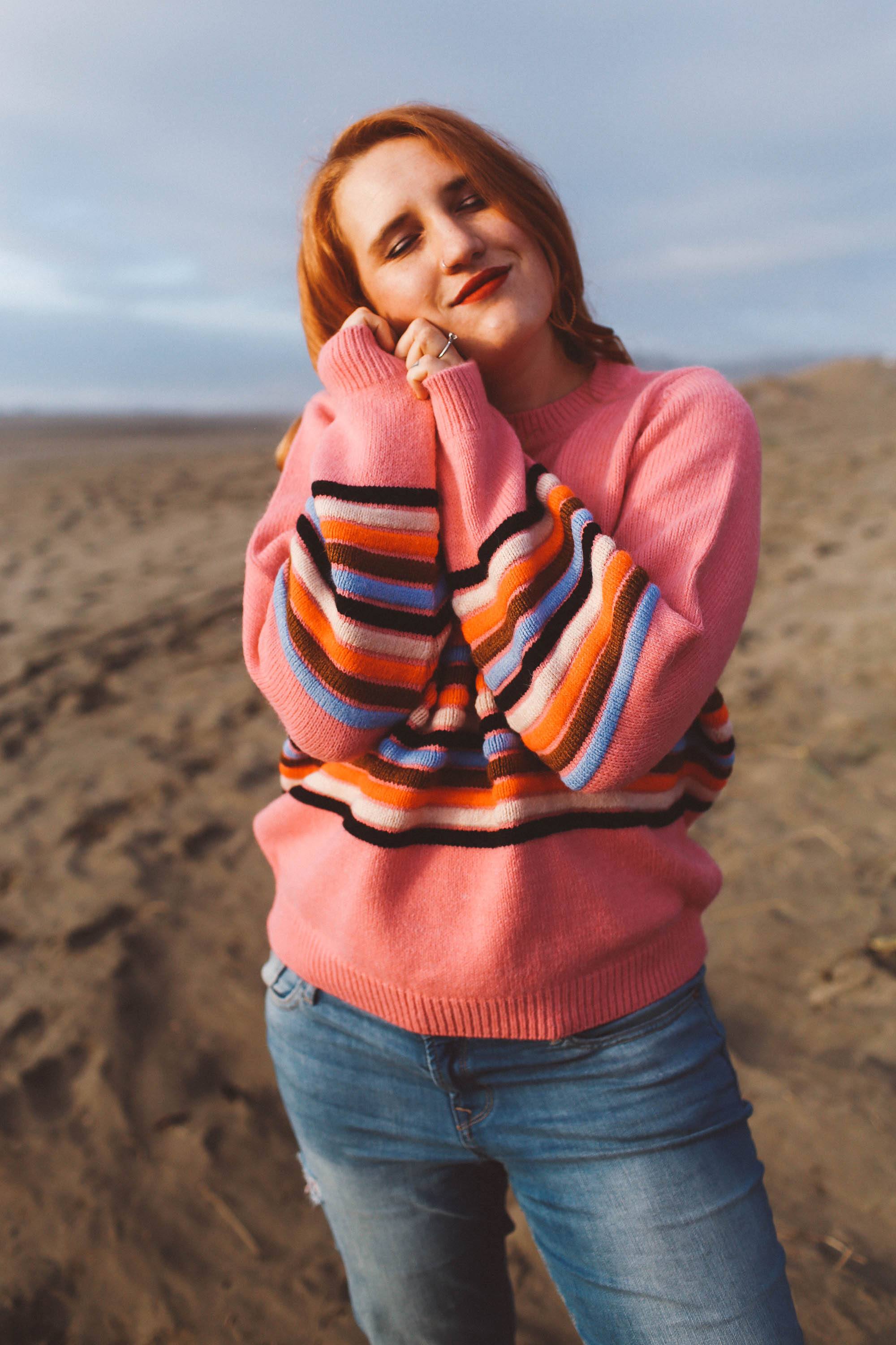 rainbow sweater womens, pink, stripe, beach