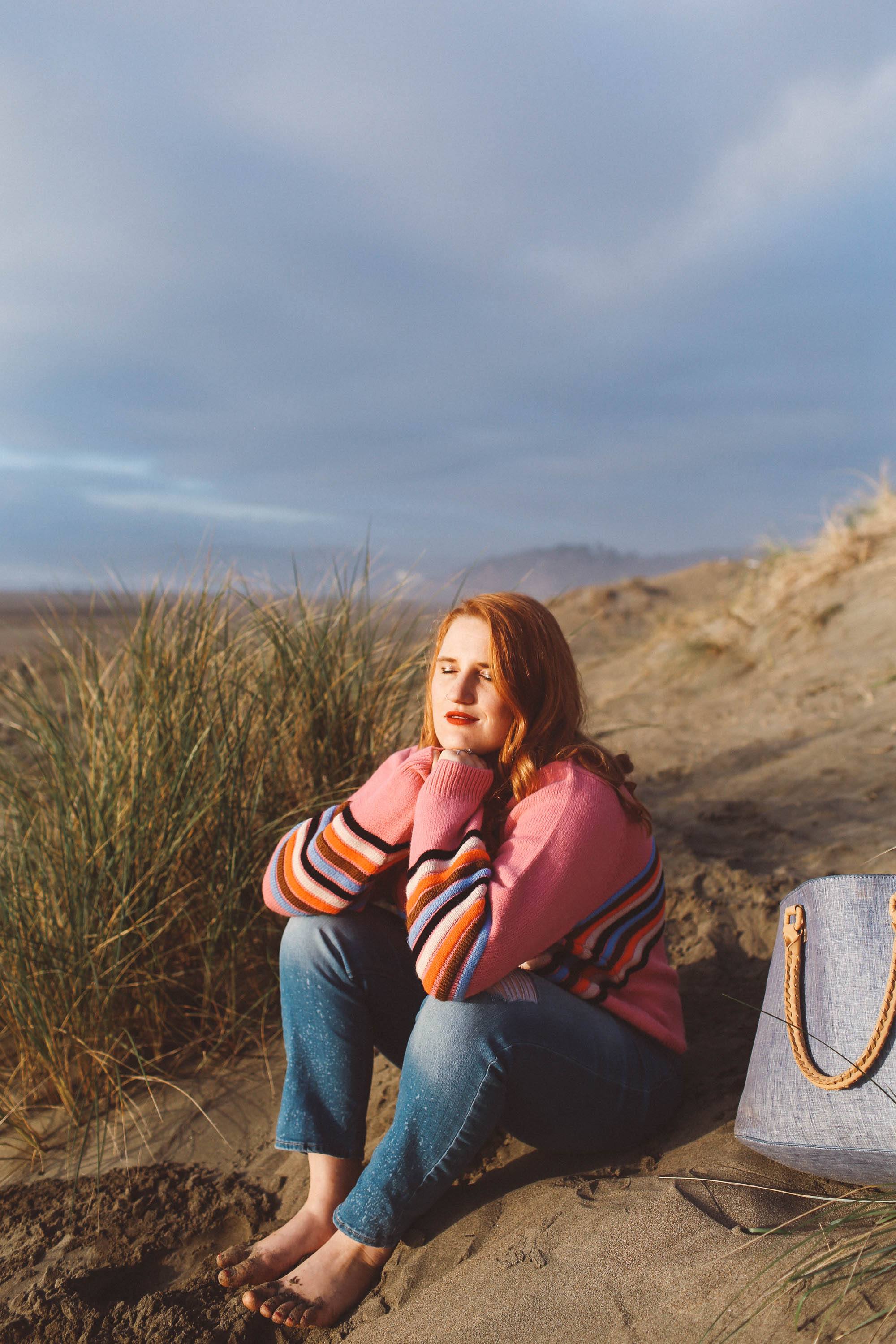 rainbow sweater womens, pink, stripe, beach